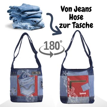 Sunsa Umhängetasche Hobo Tasche aus recycelte Jeans und Rote Canvas. Schultertasche in Vintage Retro design., Aus recycelten Materialien
