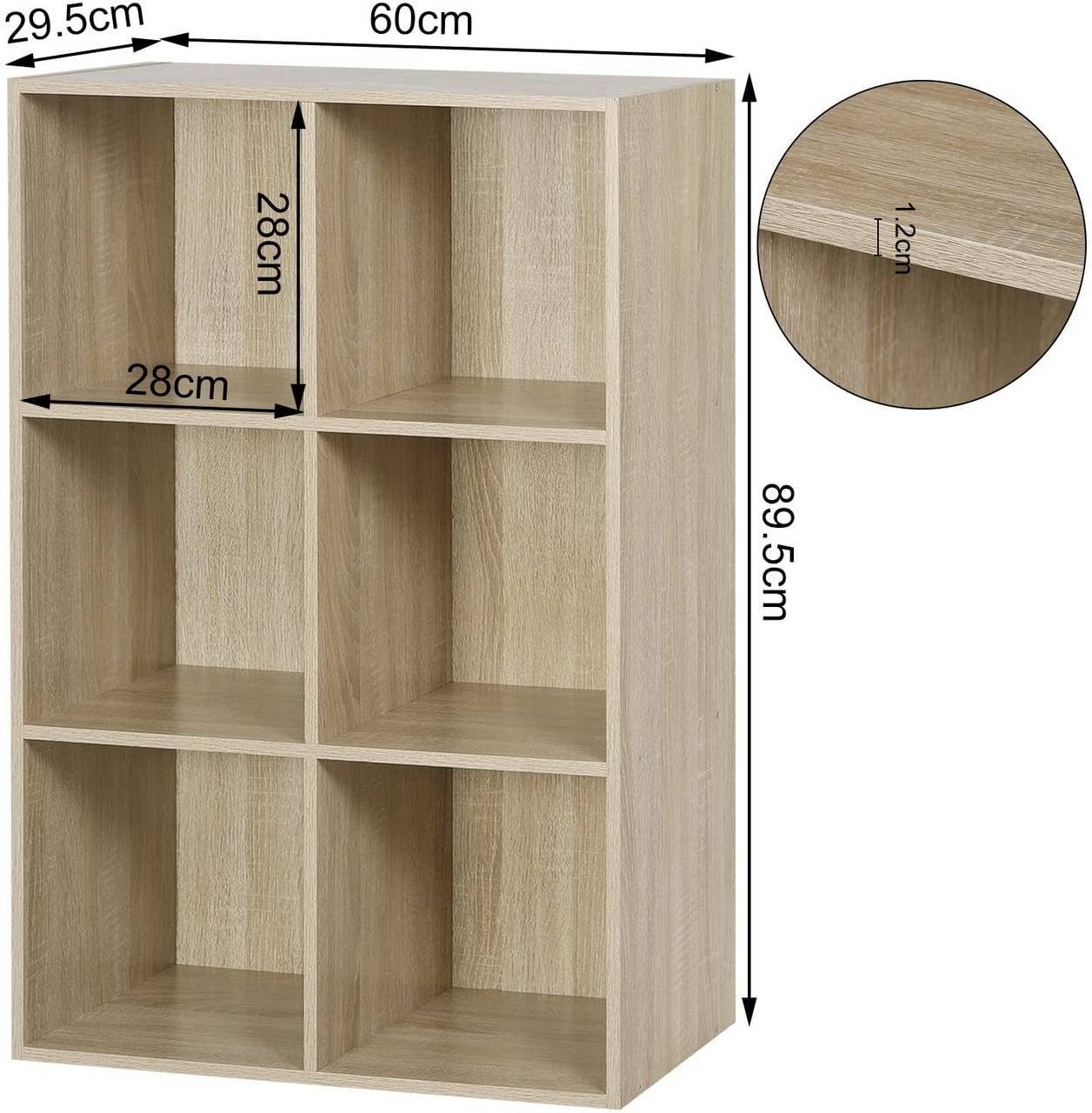 Woltu Bücherregal, 1-tlg., Würfelregal 6 Fächer aus MDF 60x30x89 cm Eiche