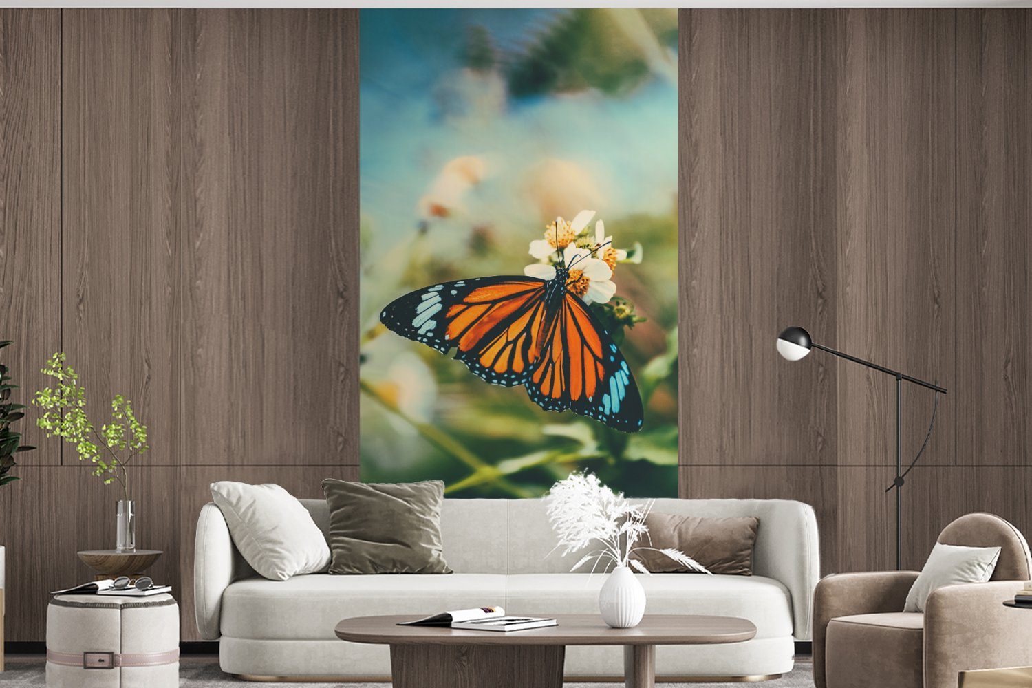Schmetterling Fototapete MuchoWow Vliestapete Küche, (2 St), Garten, Blumen Matt, - Schlafzimmer für - Fototapete bedruckt, Wohnzimmer