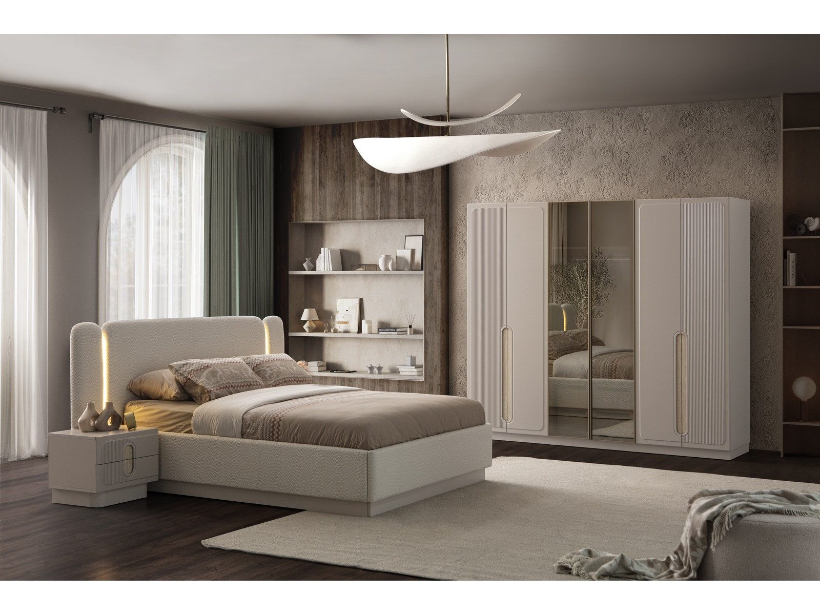 Villa Möbel Schlafzimmer-Set Valoria, (Schlafzimmer-Set, 5-tlg., Bett mit Kopfteil, 2 Nachttische, Kleiderschrank und Kommode), Creme Optik Bequeme Nutzung Hochwertiges MDF
