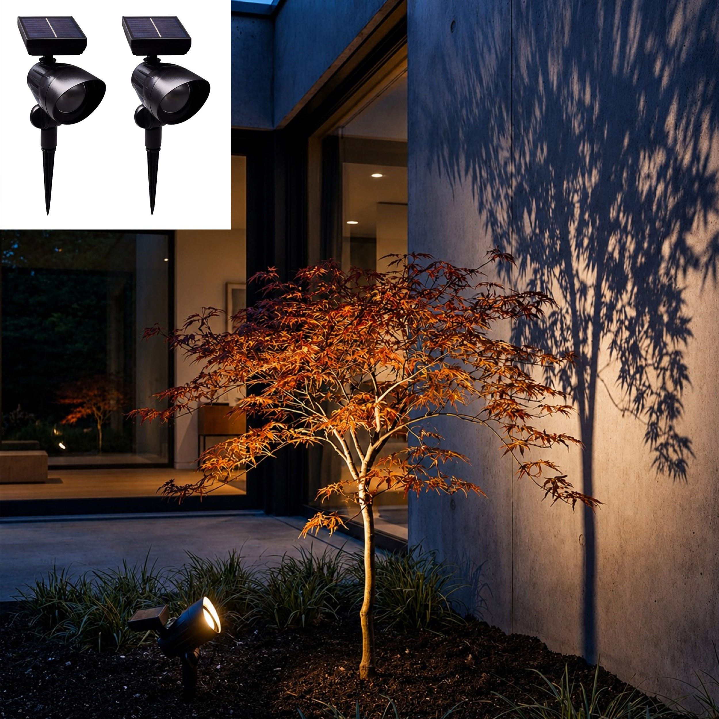 Online-Fuchs Gartenstrahler für außen - 2 LED Solarleuchten, Lampen für Bäume & Sträucher - Deko, bewegliche Strahlerköpfe zum Ausrichten, warmweiß oder kaltweiß wählbar, setzen Sie Ihren Garten, die Fassade, Wege oder Figuren in Szene