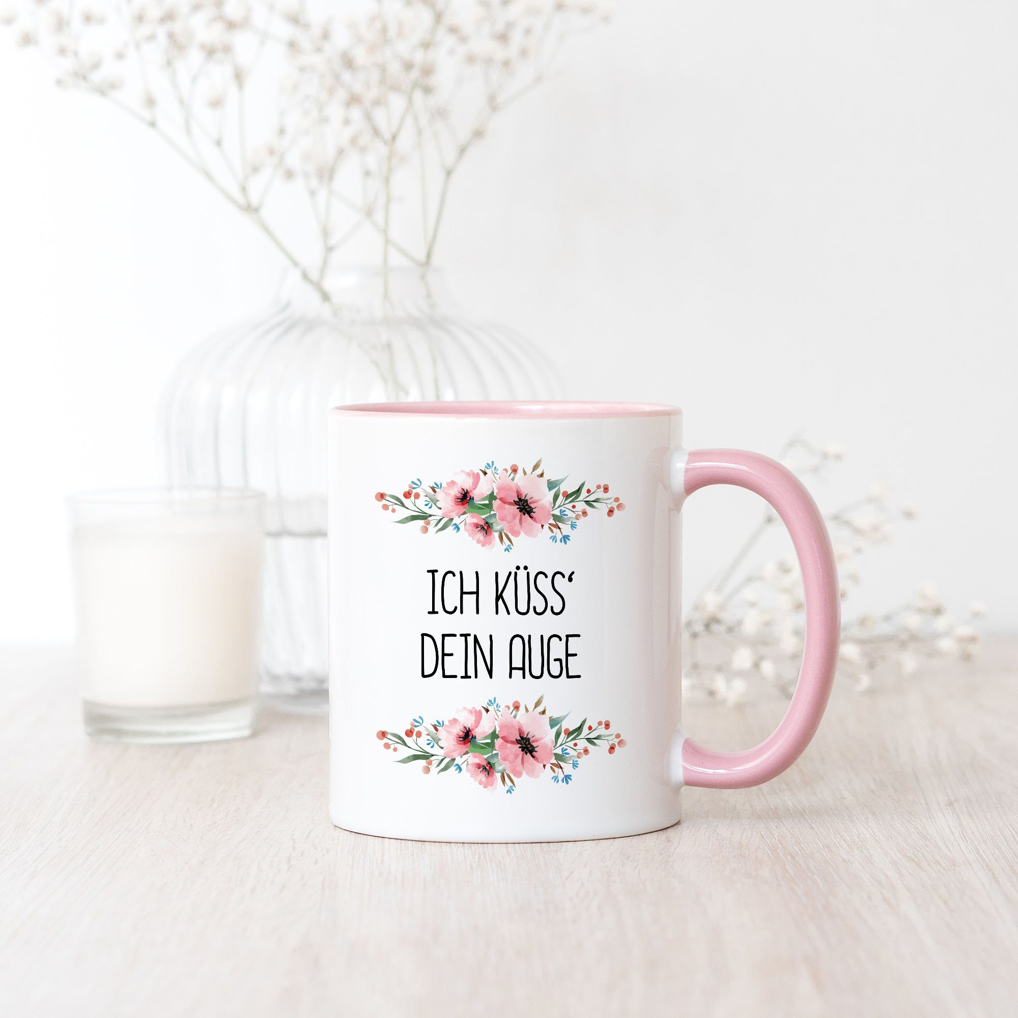dein Küsse humorvoll Geschenk, sarkastisch Motiv mit Spruch lustig Blumen Kaffeetasse Tasse Rosa Schwarz Tasse Auge Keramik Hey!Print mit
