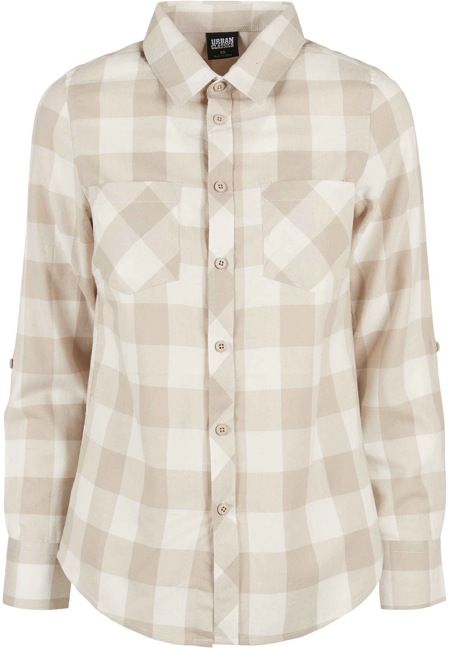 URBAN CLASSICS Langarmhemd Damen Ladies Turnup Checked Flanell Shirt (1-tlg) whitesand-lighttaupe