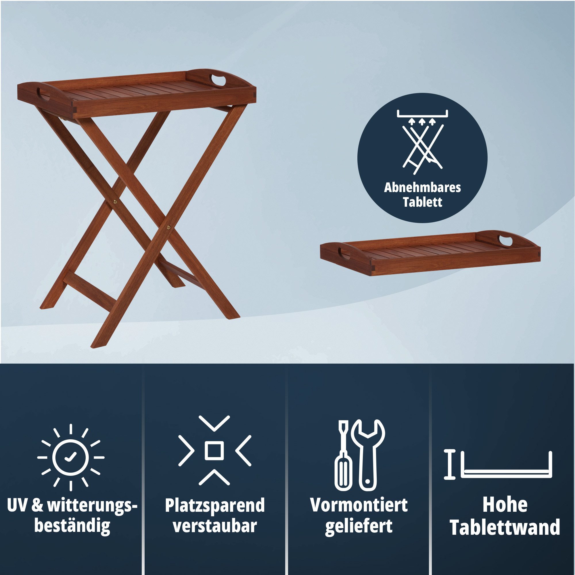 KHG Beistelltisch Gartentisch aus Akazien-Echtholz mit abnehmbarem Tablett (tragbar, klappbar, wetterfest, 20 kg belastbar, mit Schüttrand), Tablett abnehmbar