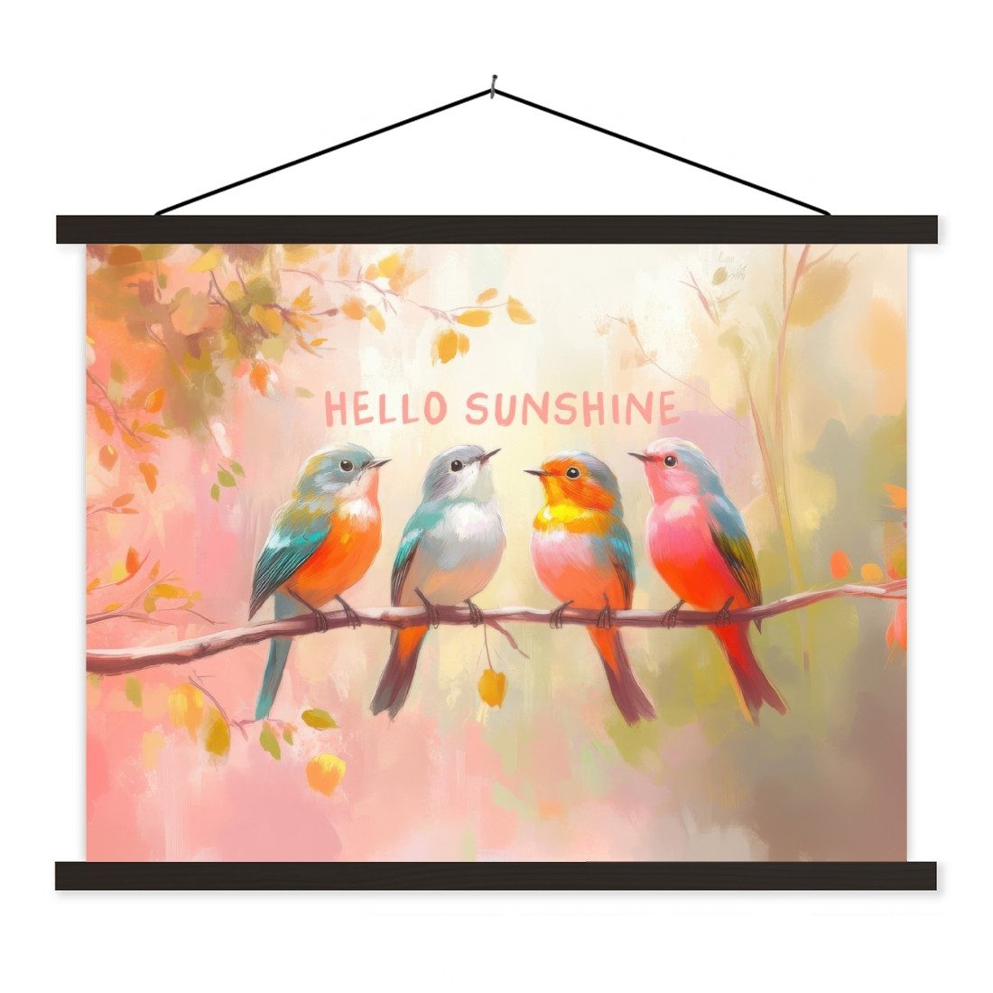 Poster Vögel - Zweig - Zitat - Rosa