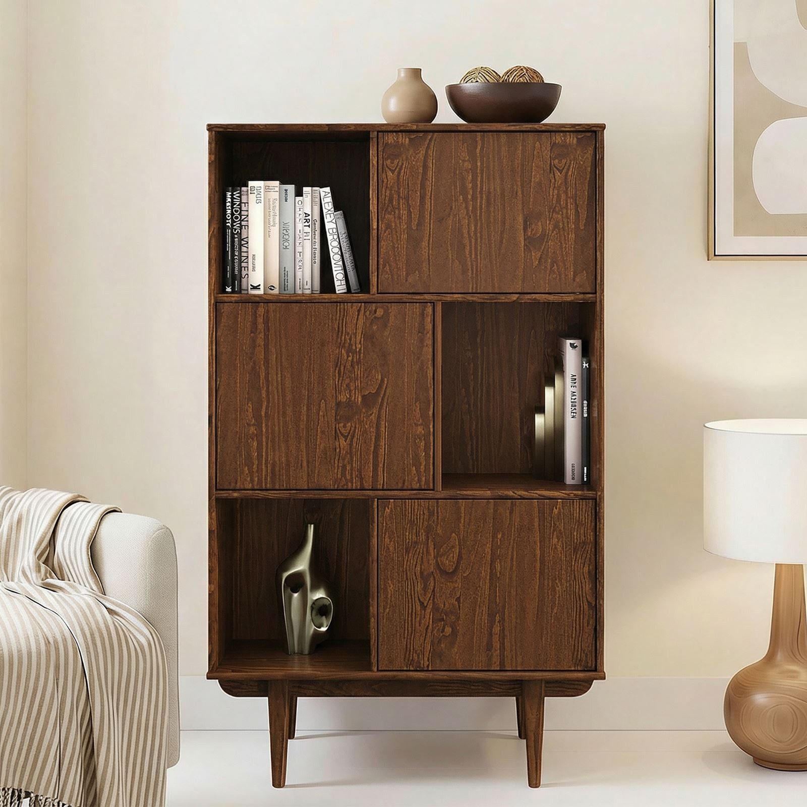 IDIMEX Highboard SIMONA, Wohnzimmerschrank offene Fächer & 3 Türen Massivholz kastanien farben