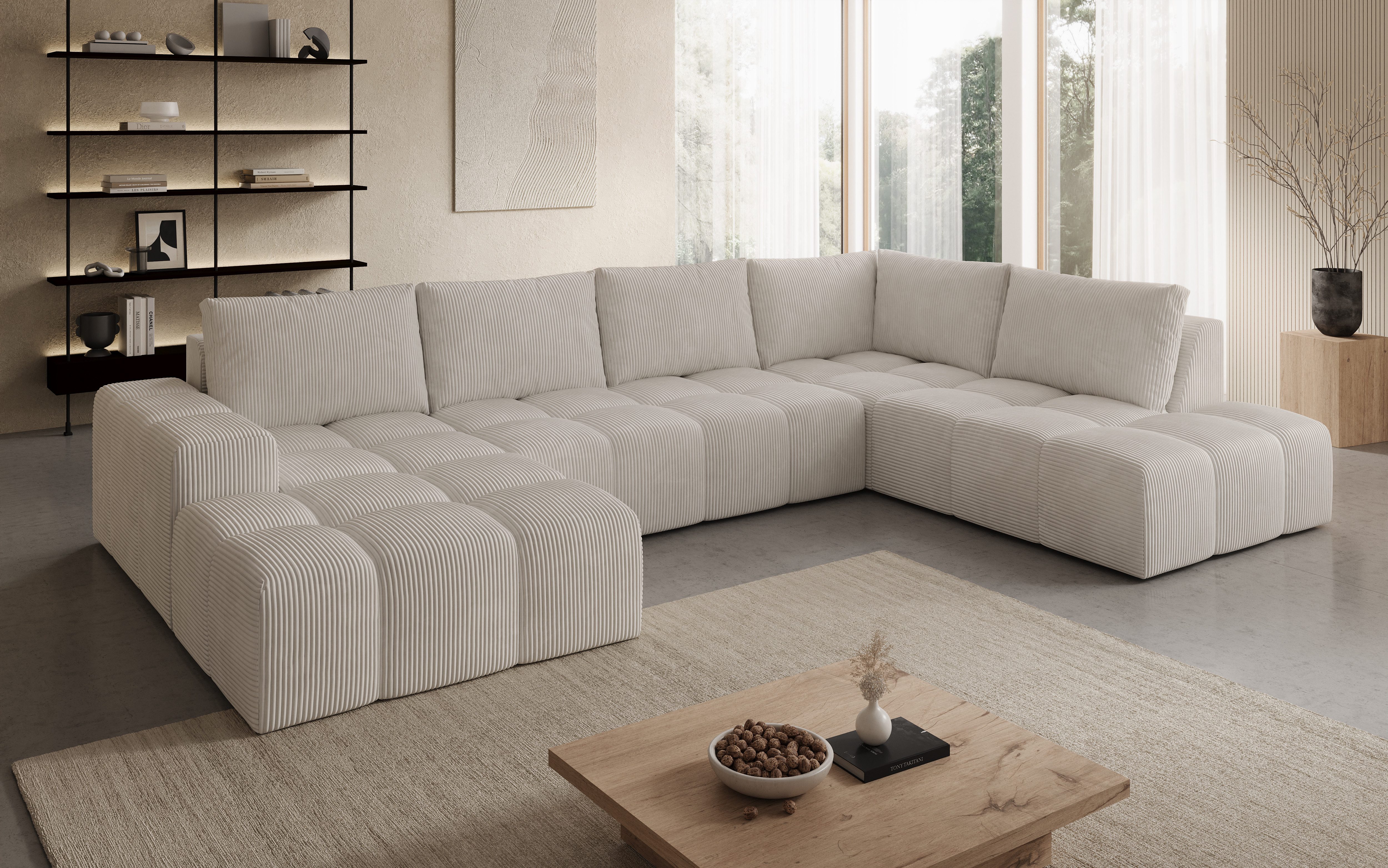 PROMETO Möbel Ecksofa U-Sofa, Große Sofa im Cord-Stoff, Teddy-Boucle oder Web, 2 Ottomanen, Großes U-Sofa mit Cordstoff-Bezug, zwei Ottomanen
