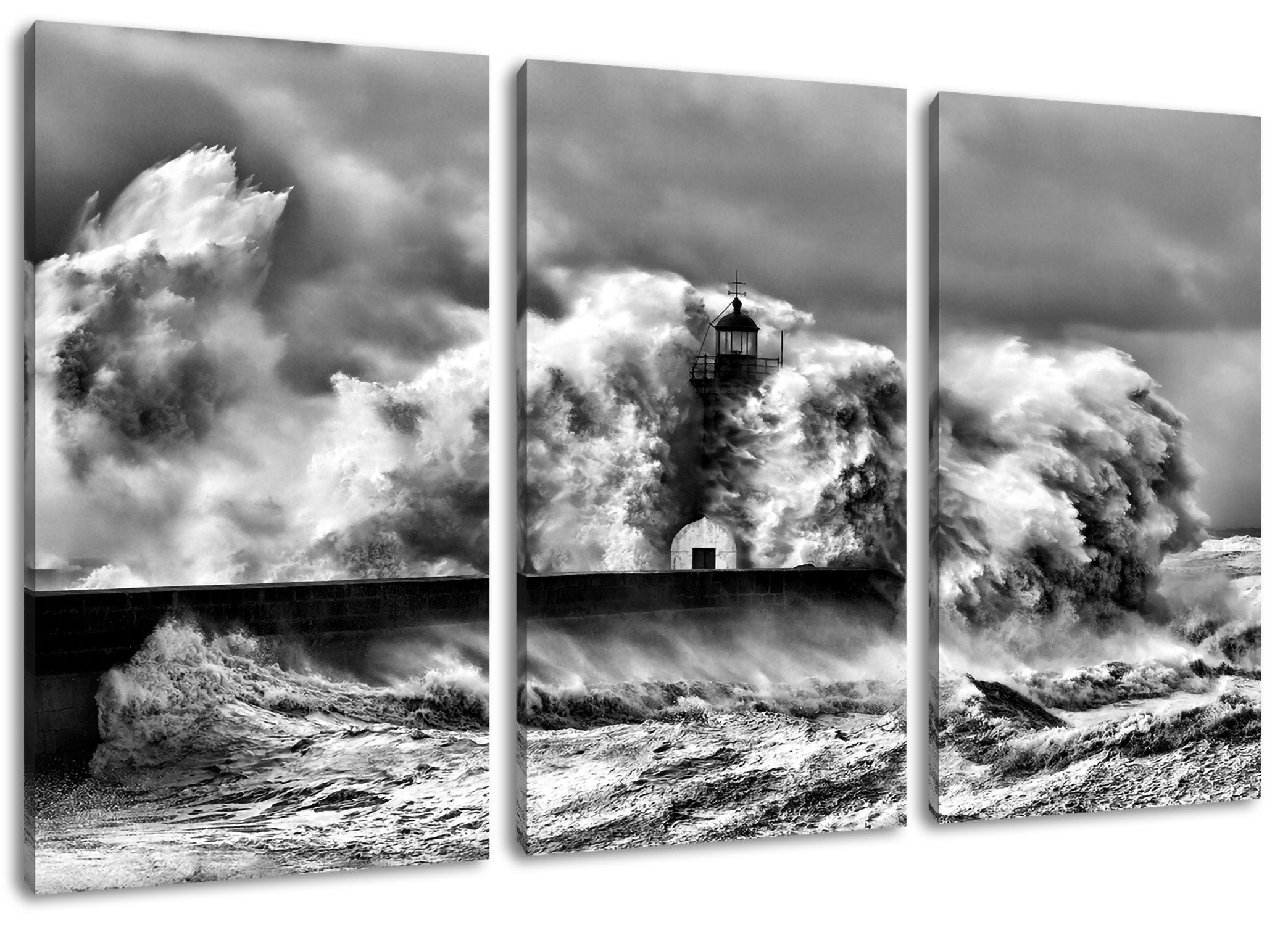 Pixxprint Leinwandbild Leuchtturm im Sturm, Leuchtturm im Sturm 3Teiler (120x80cm) (1 St), Leinwandbild fertig bespannt, inkl. Zackenaufhänger