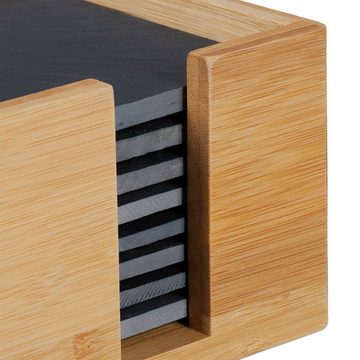 relaxdays Getränkeuntersetzer Schiefer Untersetzer 8er Set Bambus-Box