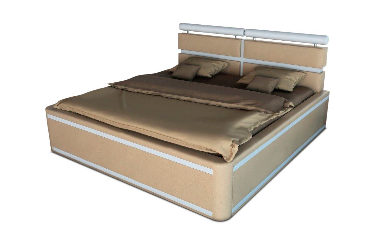 Dreams Premium mit LED Sofa mit mit LED im mit Topper, Kopfteil Bett Kunstleder Boxspringbett sandbeige-weiß Komplettbett Beleuchtung Matratze, Venedig Beleuchtung,