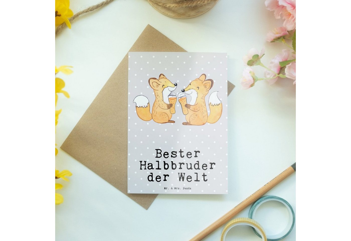 Thumbnail - Mr. & Mrs. Panda Grußkarte Fuchs Bester Halbbruder der Welt - Grau Pastell - Geschenk, Familie, Einzigartiges Design