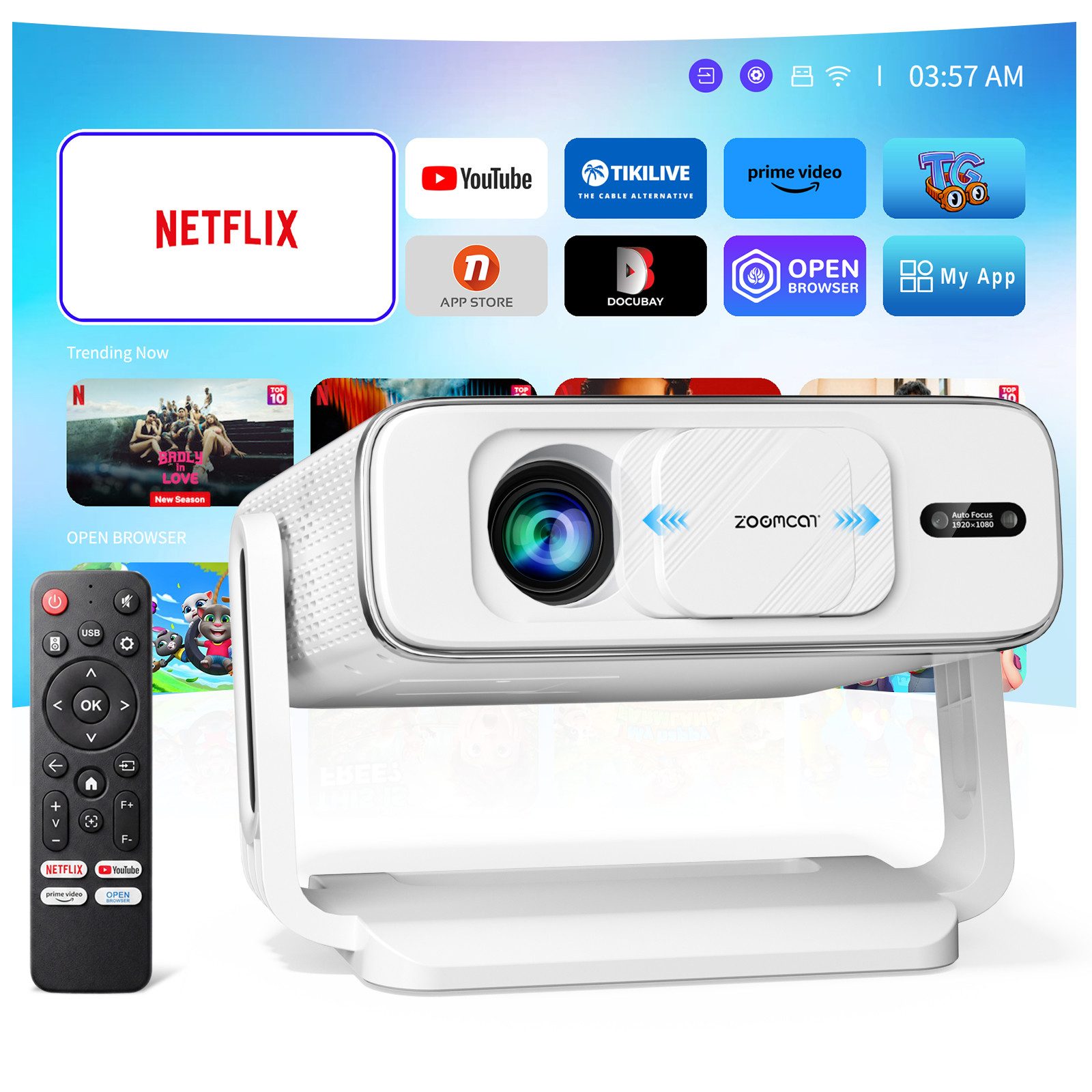 ZOOMCAT ZOOMCAT Beamer 4K Heimkino Mit Netflix Zertifizierung Vollautomatisch Beamer (800 lm, 28000 : 1, 3840x2160 px, AI-Autofokus, automatische Trapezkorrektur)