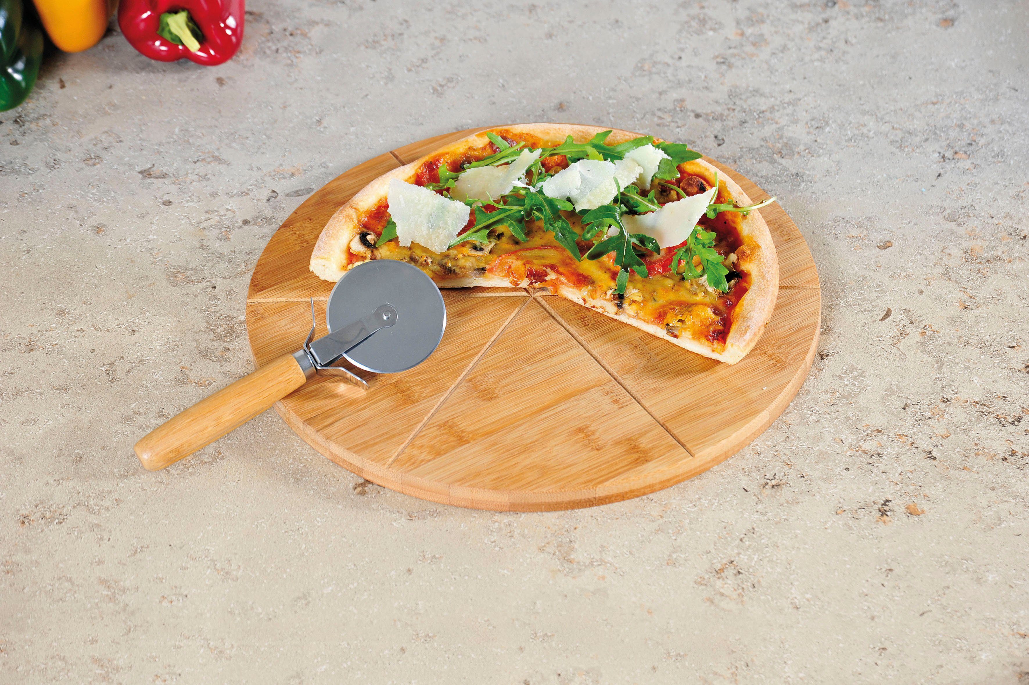 KESPER® Schneidebrett Pizza-Teller, Bambus, Edelstahl, (Set, 3-St), inkl. Pizzaschneider, aus FSC®-zertifiziertem Bambus