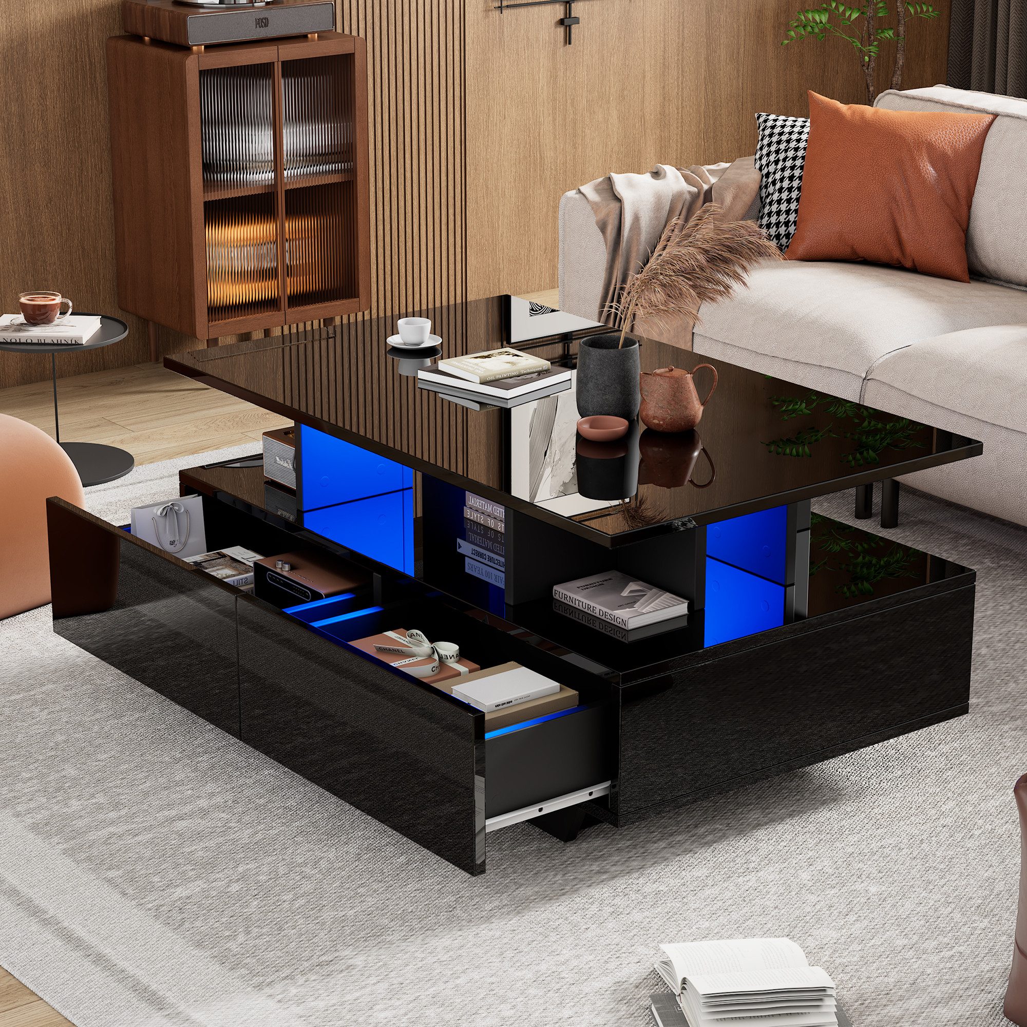 STILVORA Couchtisch Wohnzimmertisch Hochglanz-Beistelltisch Sofatisch mit LED,Stauraum (Hochglanz-Wohnzimmetisch, Beistelltisch mit versteckem Stauraum, 1-St., 2 Schubladen), mit LED-Beleuchtung