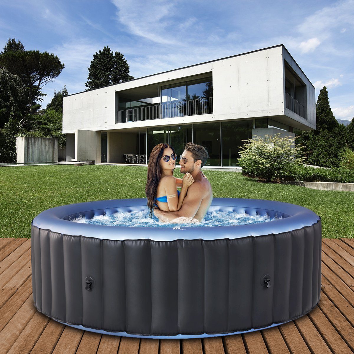 mSpa Whirlpool Outdoor Whirlpool aufblasbar Comfort Bergen C-BE061 für 6 Personen, (Luxus Garten Pool - inkl. 2x Filterkartusche - Anti-Rutsch Bodenmaterial - Schnellheizsystem - Winterfest, 2-tlg., Isolierabdeckung - Indoor - LED Fernbedienung - Selbstaufblasbar), Pool Rund - UV-C Wasserreinigung - 138 Luftdüsen