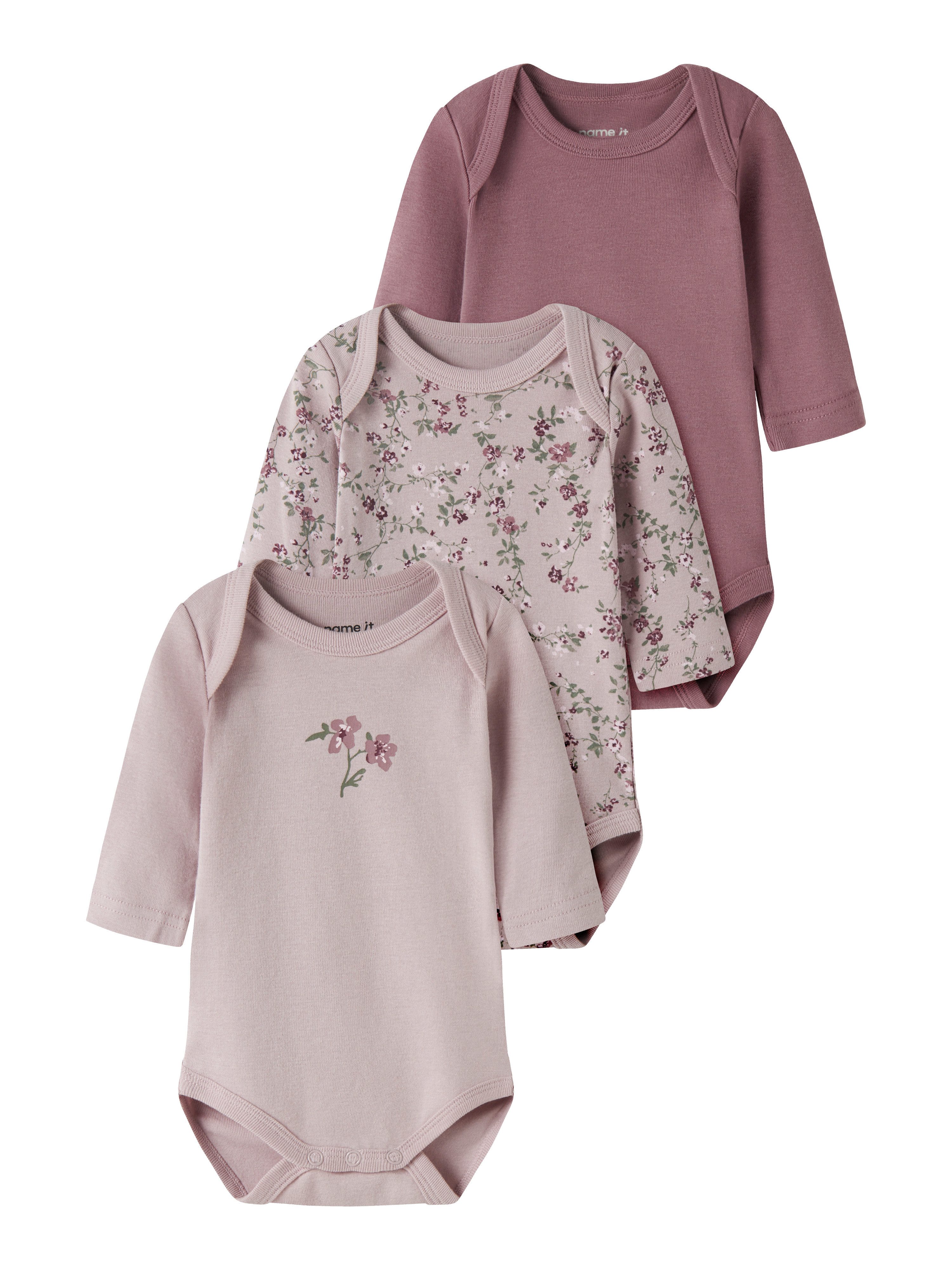Name It Langarmbody NBFBODY 3P LS VIOLETFLOWER NOOS (Packung, 3-tlg) Baumwolle, 3-er Packung