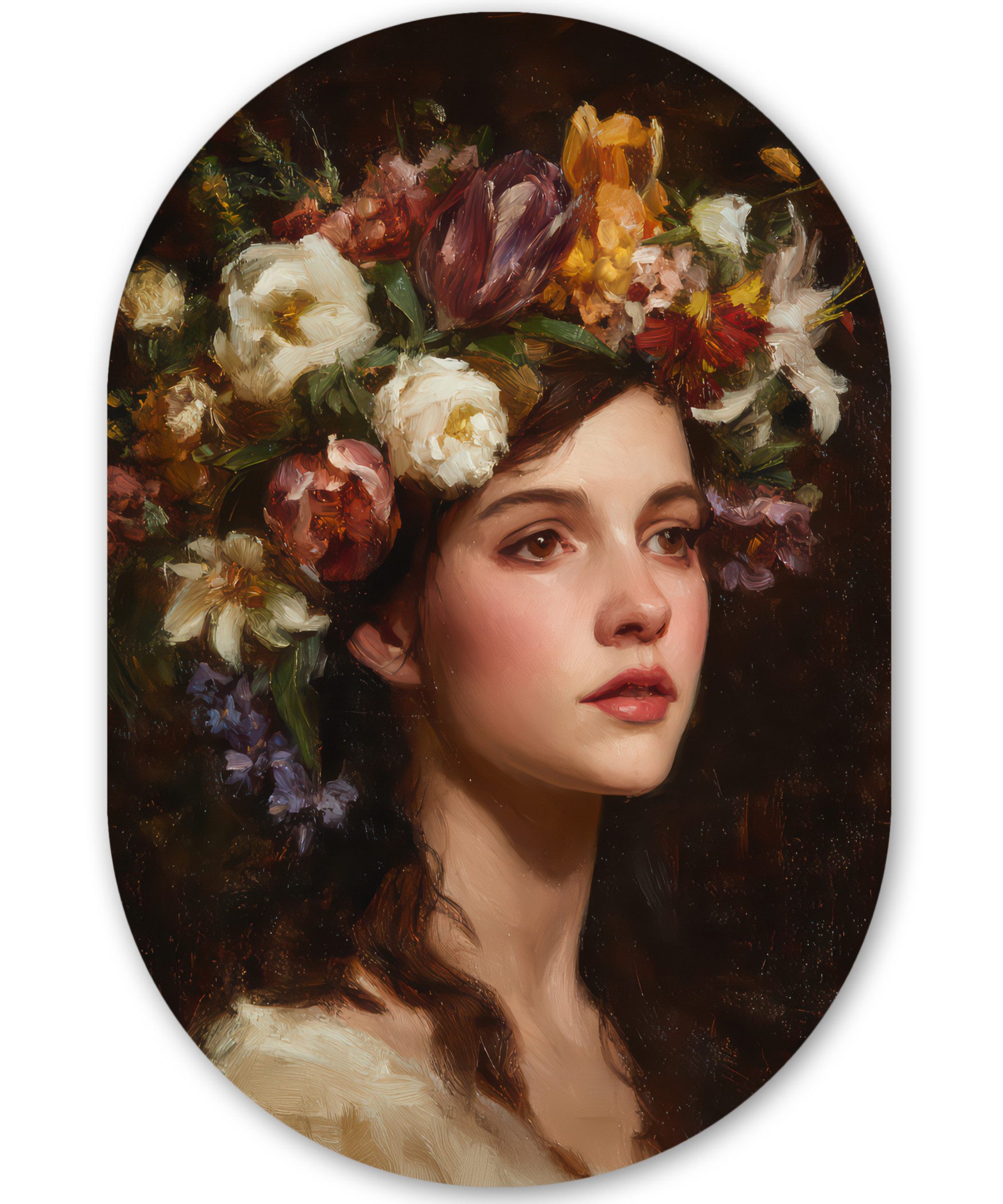 MuchoWow Gemälde Porträt - Frau - Blumen, Fotodruck (1 St), Wandbild Oval, Wohnzimmer oder Schlafzimmer Wanddekoration, 40x60 cm