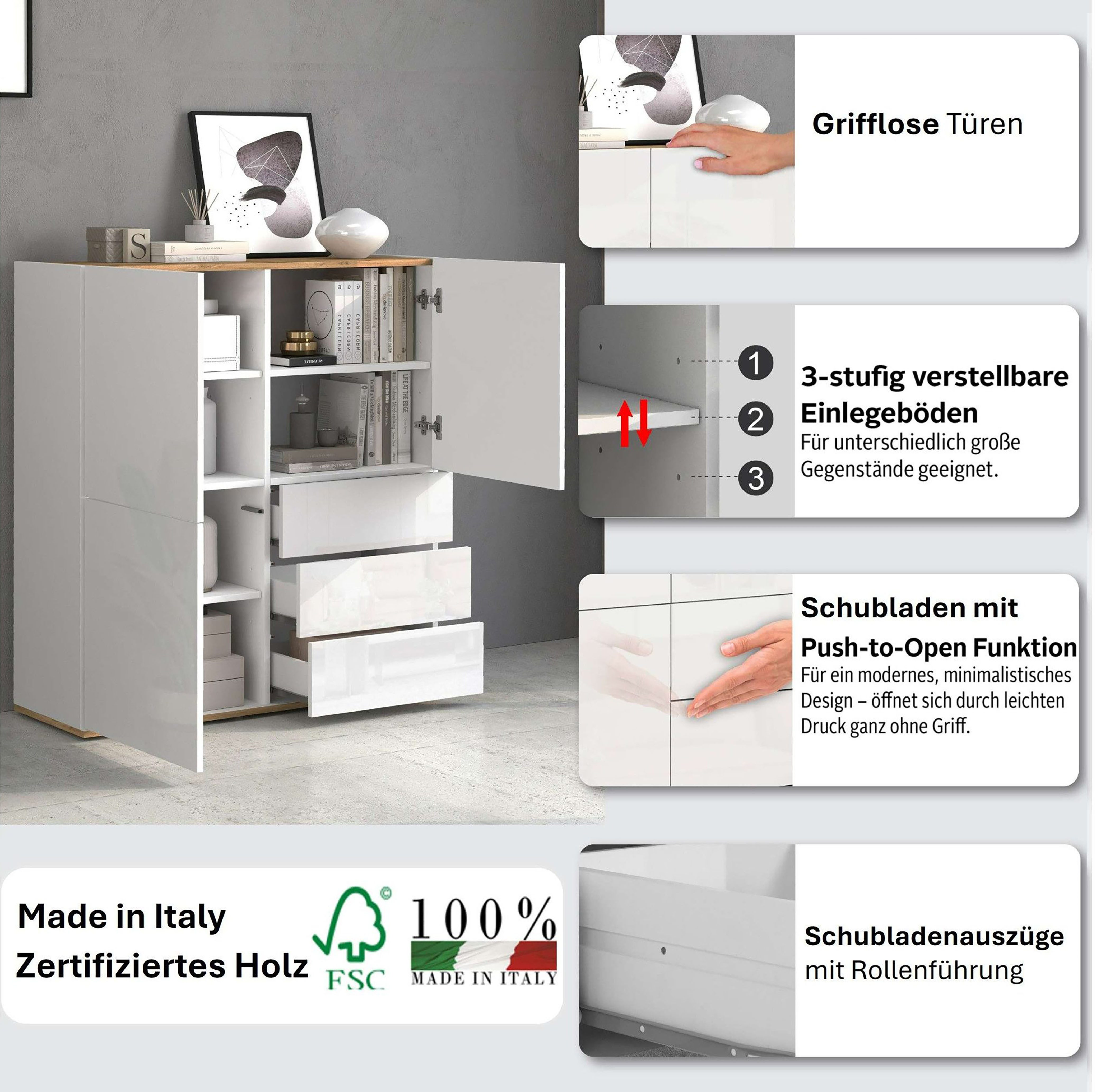 OTTO home Highboard GARDA,Kommode, Made in Italy, Breite 102 cm, Höhe 110 cm, grifflos (1 St), Hochglanzlackierte Fronten, Korpus matt, grifflos