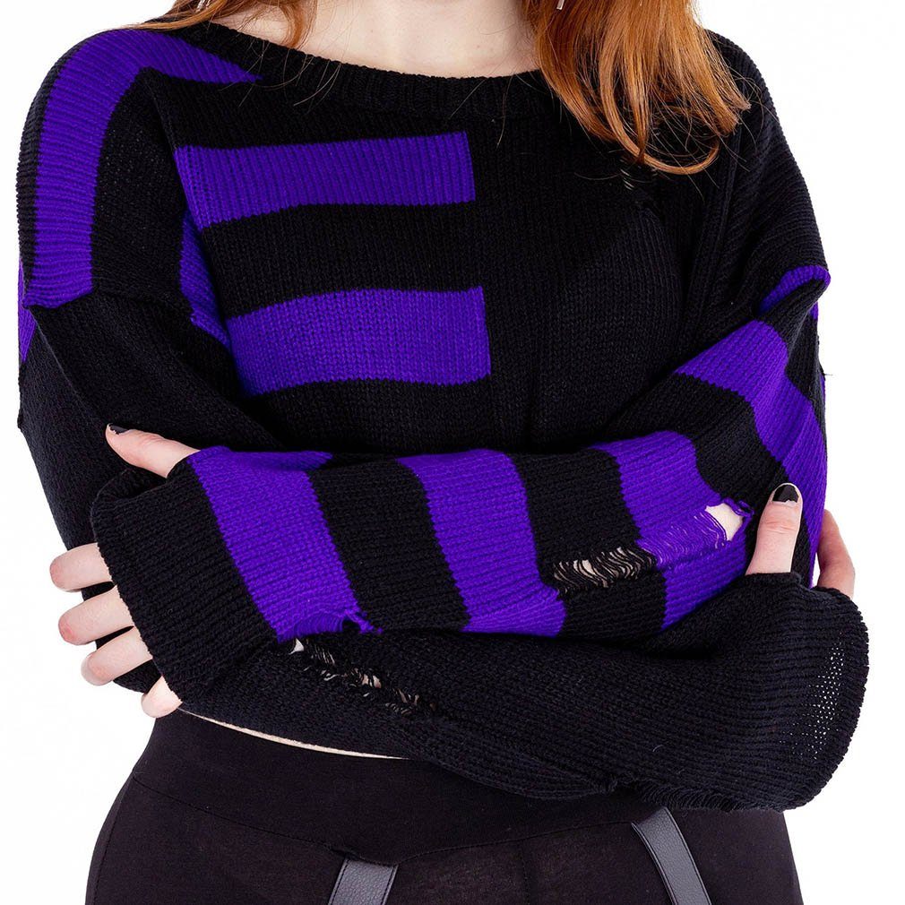 Vixxsin Strickpullover Violetta Lila Strick Pulli Emo Punk Nu Goth Gestreift