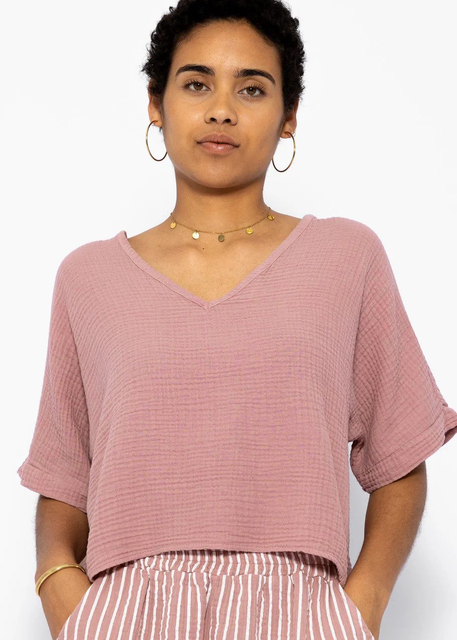 SASSYCLASSY Kurzarmshirt Musselin Shirt mit V-Ausschnitt für Damen Shirt mi günstig online kaufen