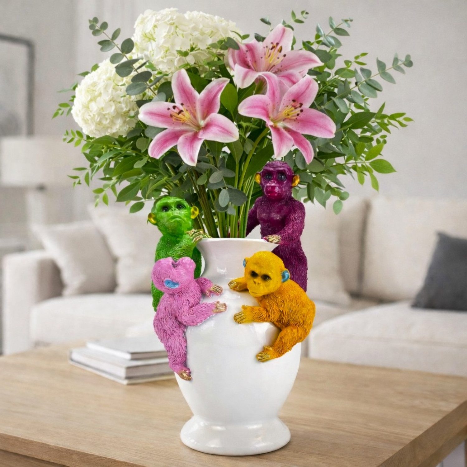 Online-Fuchs Tischvase in Weiß mit 4 bunten Affen besetzt - moderne Deko Vase - 33 cm groß (mit goldenen Akzenten, wetterfest), modern - stilvoll - elegant - exotisch - außergewöhnlich