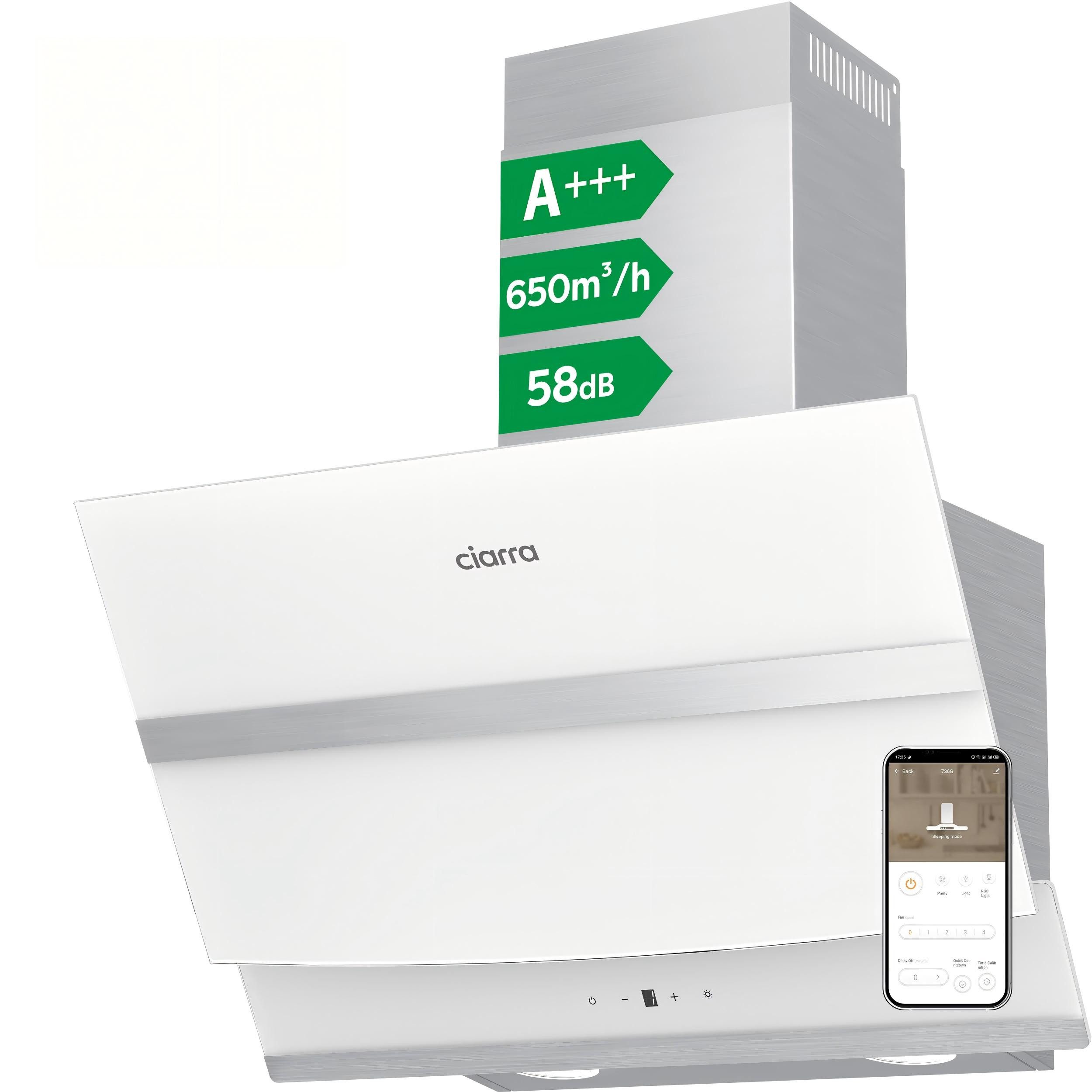 CIARRA Kopffreihaube 60cm Dunstabzugshaube 650 m³/h Wlan -APP & Touch Control Serie CA6736NB CA6736NW 60cm Dunstabzugshaube 650 m³/h Wlan -APP & Touch Control, 4 Sufen Inkl. BOOST Schräghaube Leise 5-Minuten-Nachlaufschaltung