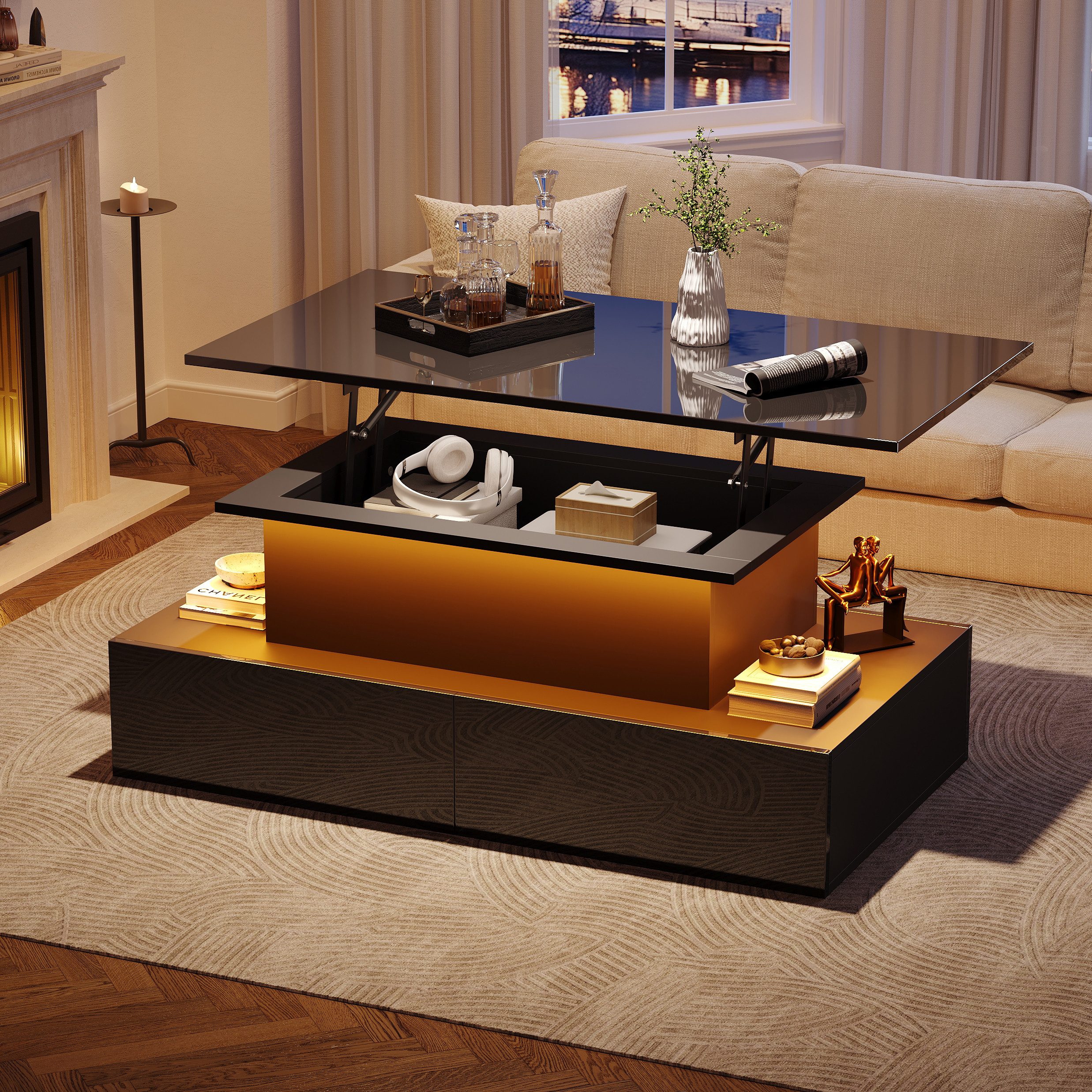 MODFU Couchtisch Moderner Hochglanz-Sideboard mit LED (Satztisch, Wohnzimmertisch, Beistelltisch, 1-St., 90x55x41cm, Schwarz), 4 Schubladen, Belastbar bis 30 kg