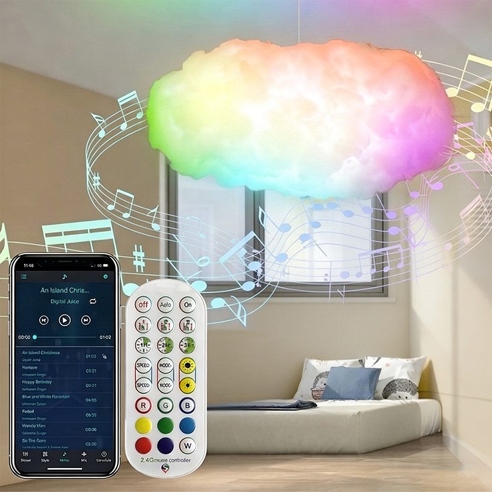 PRIISF Hängeleuchte Pendelleuchte RGB LED Deckenleuchte Hängelampe Farbwechsel dimmbar, Fernbedienung / APP-Steuerung, schwebender Wolken Lampe aus Baumwolle, Thundercloud,Wolkenlicht,Federn, Bluetooth Kinder Zimmer Decken Hänge Lampe Wohnzimmer