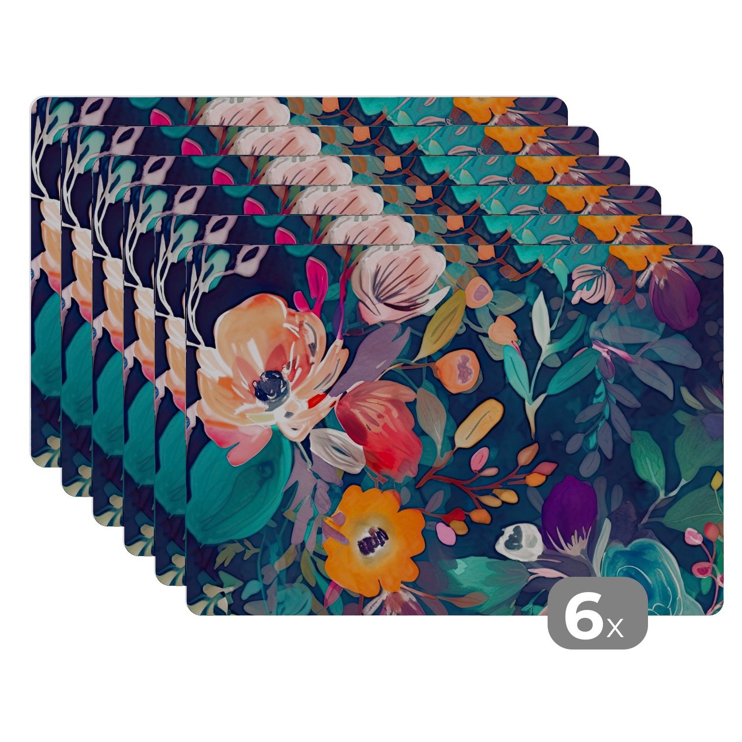 Platzset, Bunt - Blumen - Kunst - Natur - Hippie, MuchoWow, (6-St), Platzset, Platzdecken, Platzmatte, Tischmatten, Schmutzabweisend