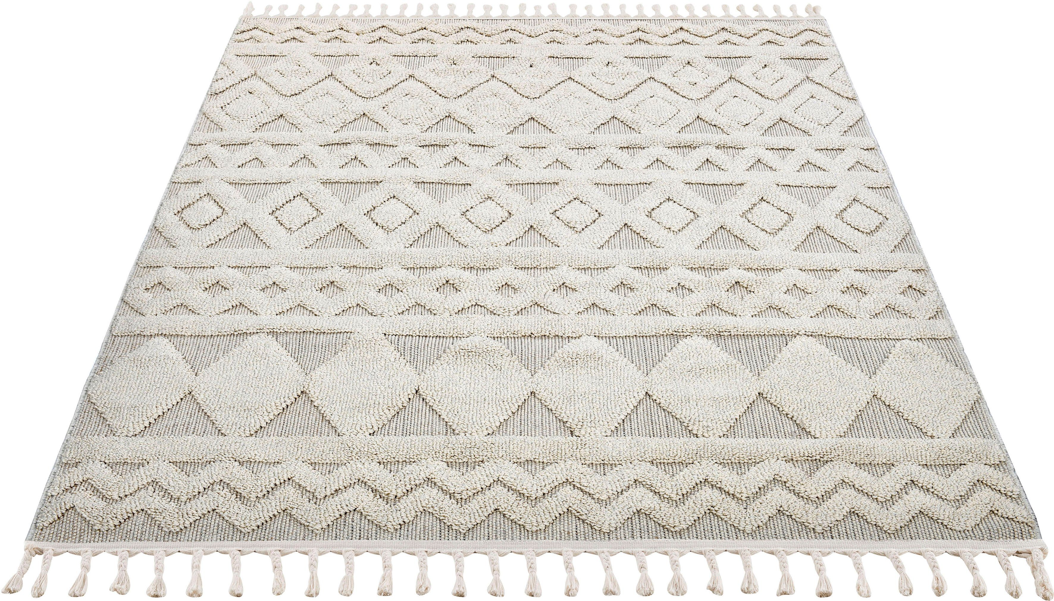 Teppich Duncan, Home affaire, rechteckig, Höhe: 18 mm, Hoch-Tief-Struktur, Woll-Look, Boho, mit Fransen natur