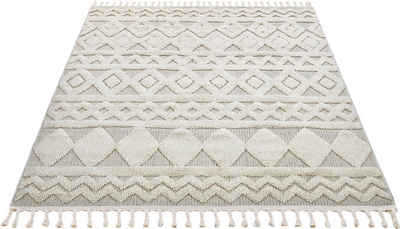 Teppich Duncan, Home affaire, rechteckig, Höhe: 18 mm, Hoch-Tief-Struktur, Woll-Look, Boho, mit Fransen, Outdoor geeignet