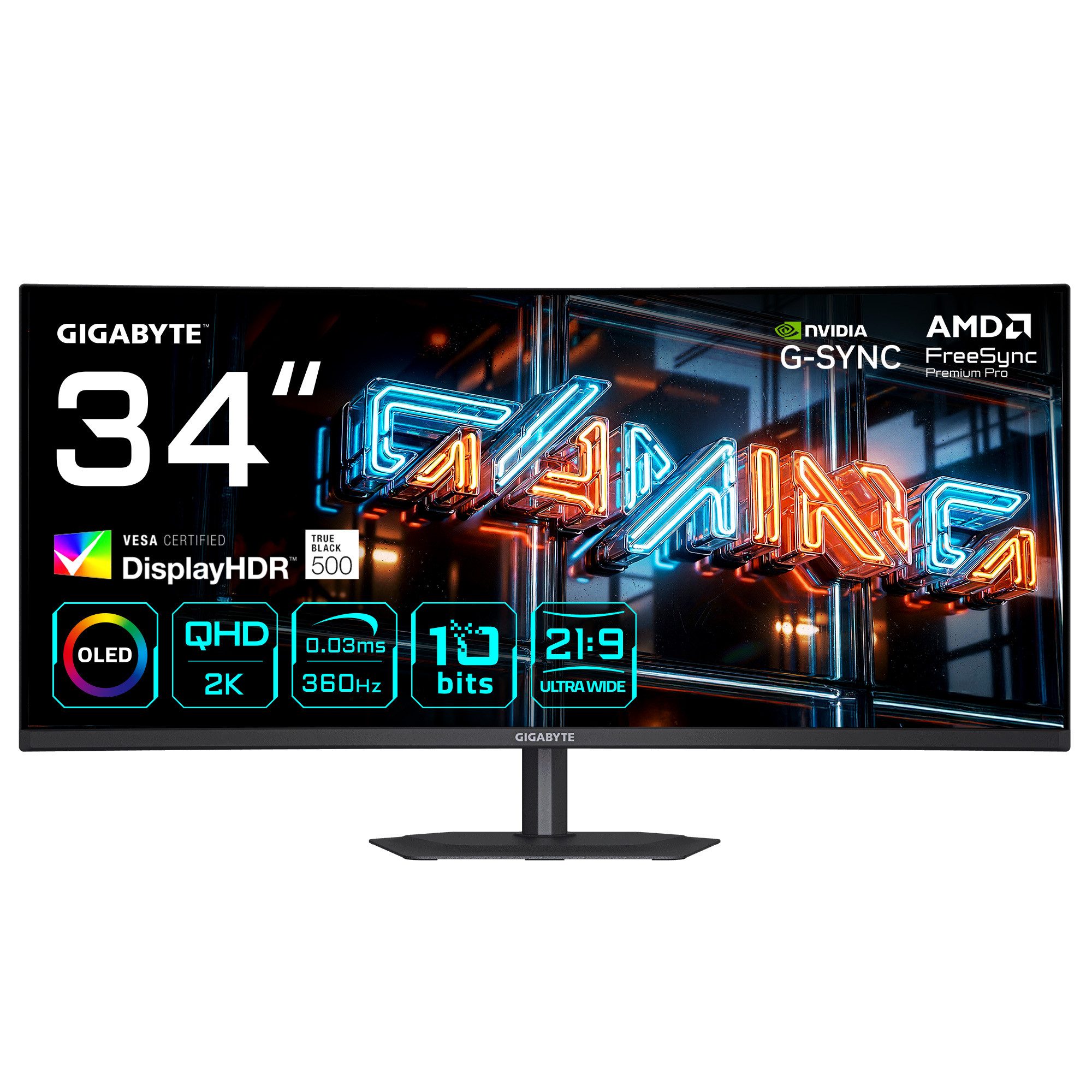 Gigabyte MO34WQC36 Curved-Gaming-OLED-Monitor (86,8 cm/34 ", 3440 x 1440 px, WQHD, 0,03 ms Reaktionszeit, 360 Hz, QD-OLED, neig-, schwenk-, höhenverstellbar)
