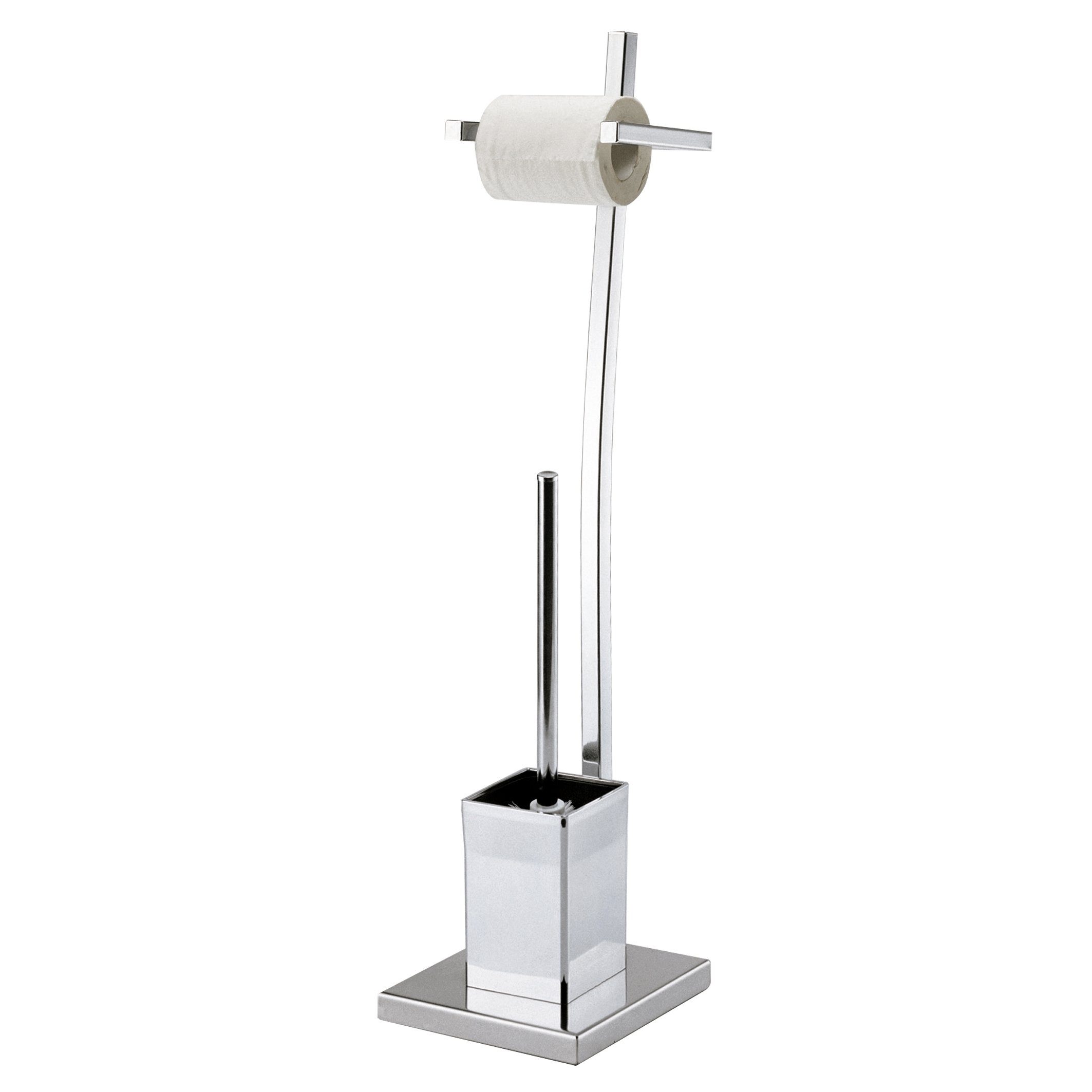 MSV Toilettenpapierhalter PILI, Kombiniertes Badezimmer Standelement aus Toilettenbürste und Rollenhalter, herausnehmbarer Innenbehälter, verchromter Stahl, silber glänzend, 18x18x72 cm