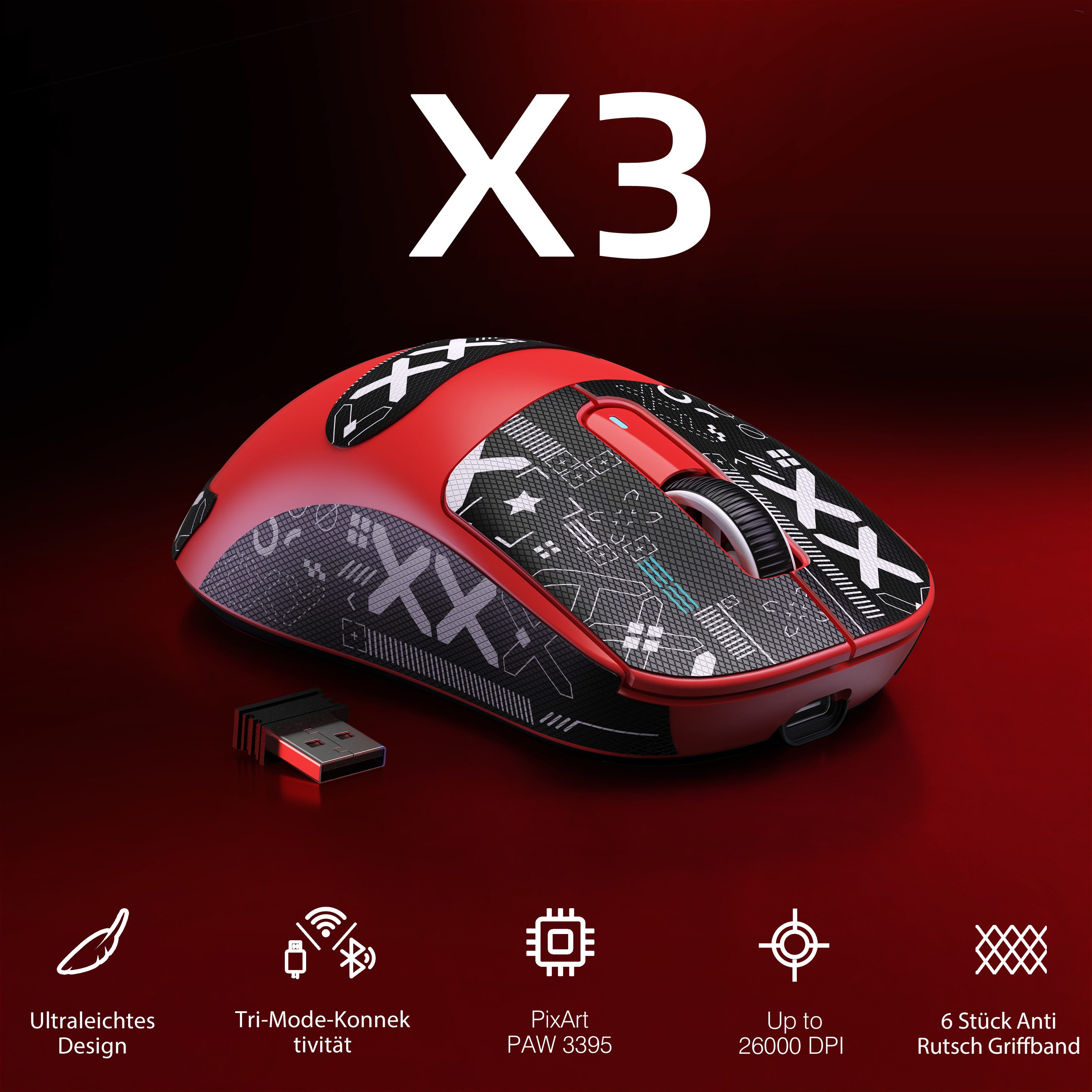 ATTACK SHARK X3 Kabellose Gaming-Maus, 49g Ultraleicht, PAW3395 Gaming-Maus (2.4G, Bluetooth, kabelgebunden, 200H)