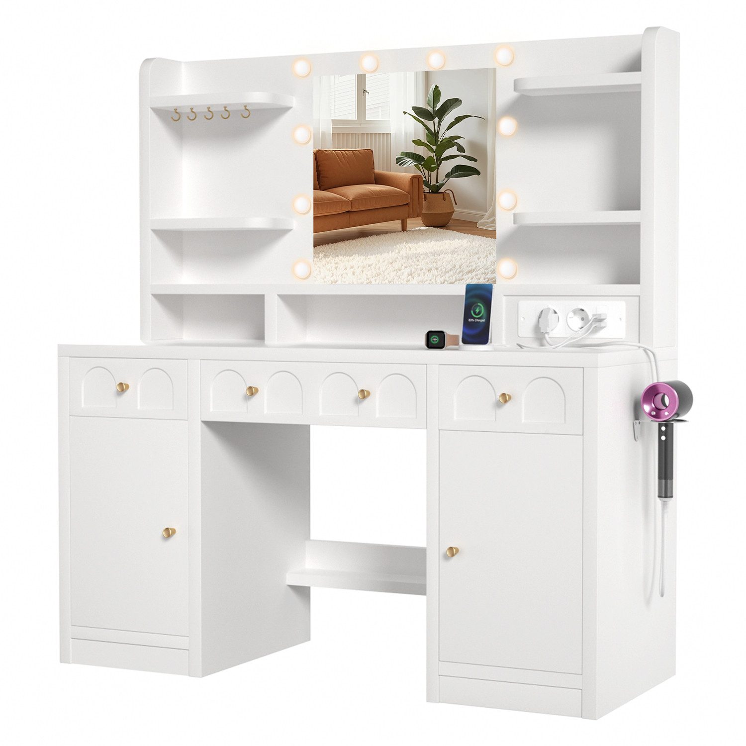 Lexzurn Schminktisch Schminktisch mit LED-Beleuchtung, großem hochauflösendem Spiegel (mit Steckdose und USB-Ports,10 offene Fächer,3 Schubladen, 2 Schränke,5 Schmuckhaken,10 LED-Leuchten, 3 Lichtfarben), Maße: 107 × 40 × 140 cm. Leise laufende Schienen, Kippschutz.