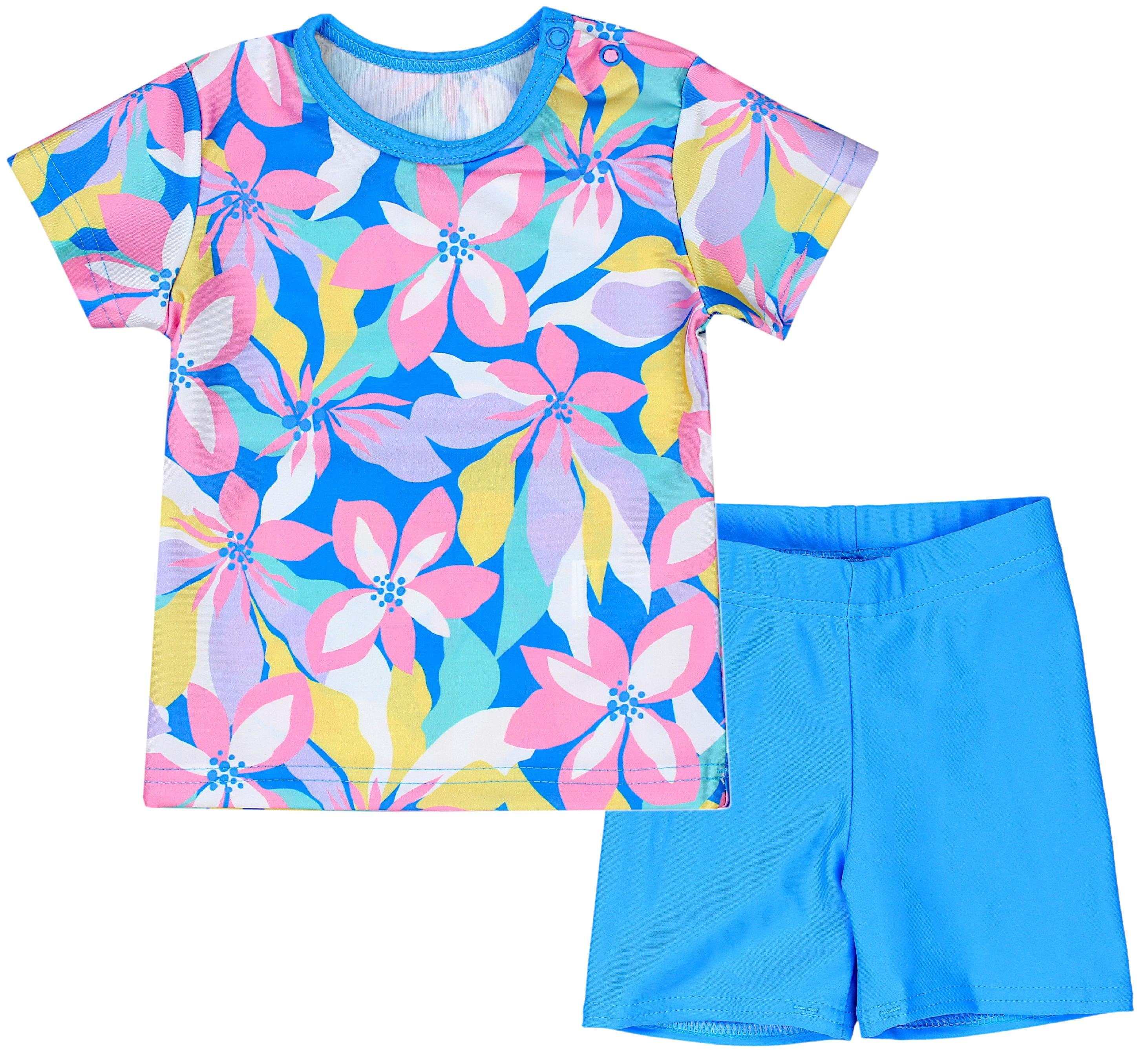 Aquarti Badeanzug Baby Mädchen Zweiteiler Kinder Badeanzug Set Shirt Badehose UV-Schutz Blumen / Rosa / Blau / Gelb