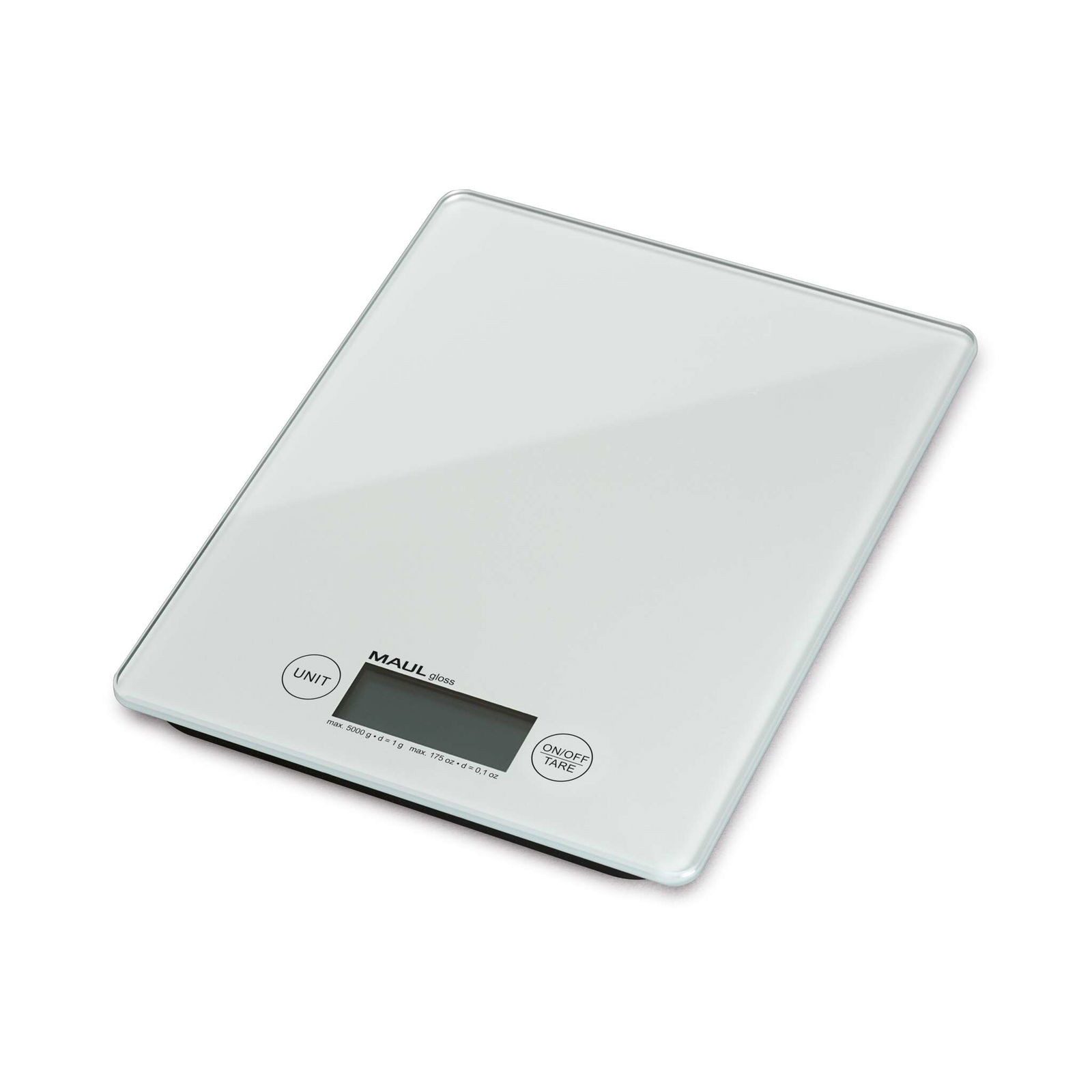 MAUL Küchenwaage Briefwaage MAULgloss mit Batterie, 5000 g, Bruchsicheres Kunststoffgehäuse, Ein-Tasten-Bedienung, LCD-Anzeige