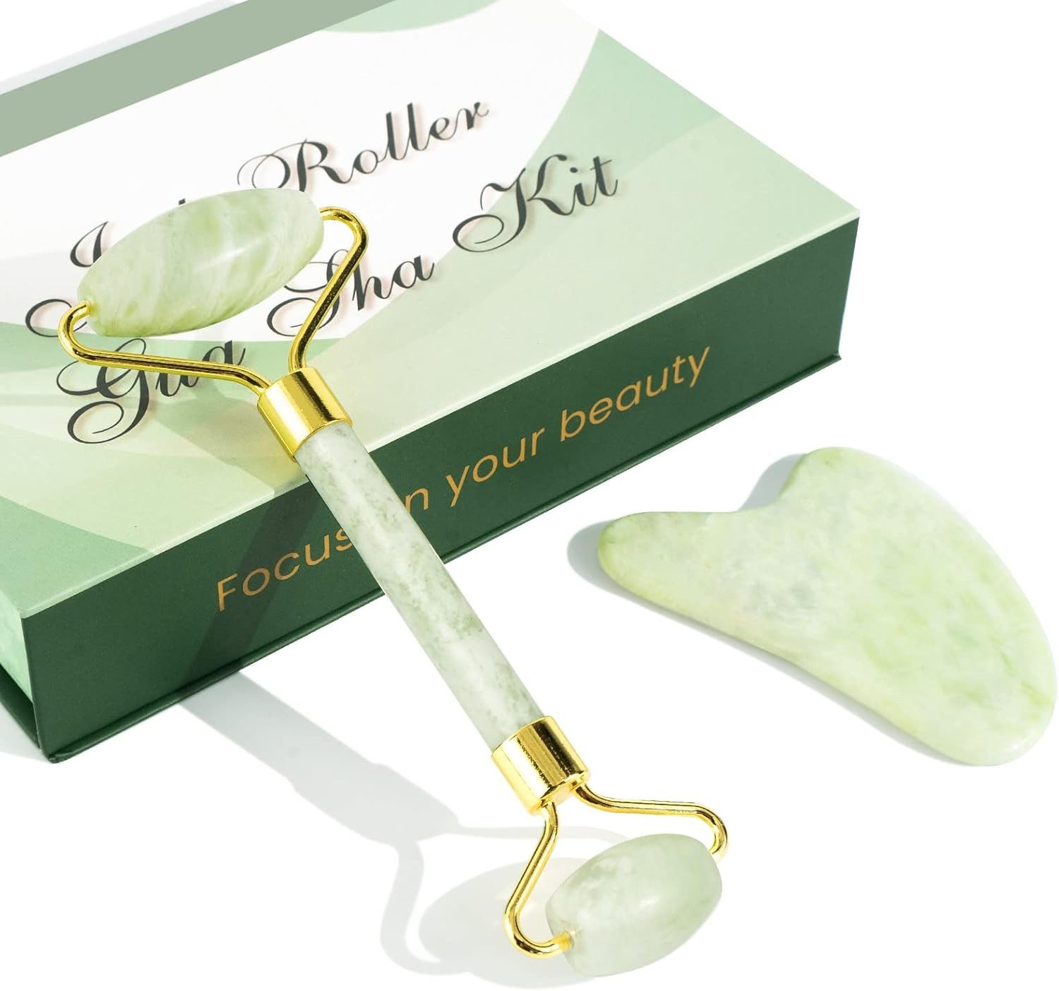 UE Stock Gesichtsmassagegerät Jade Roller - Set Rosenquarz Gua Sha Stein und Gesichtsroller Grün, perfekt für ein strafferes, jugendlicheres Aussehen