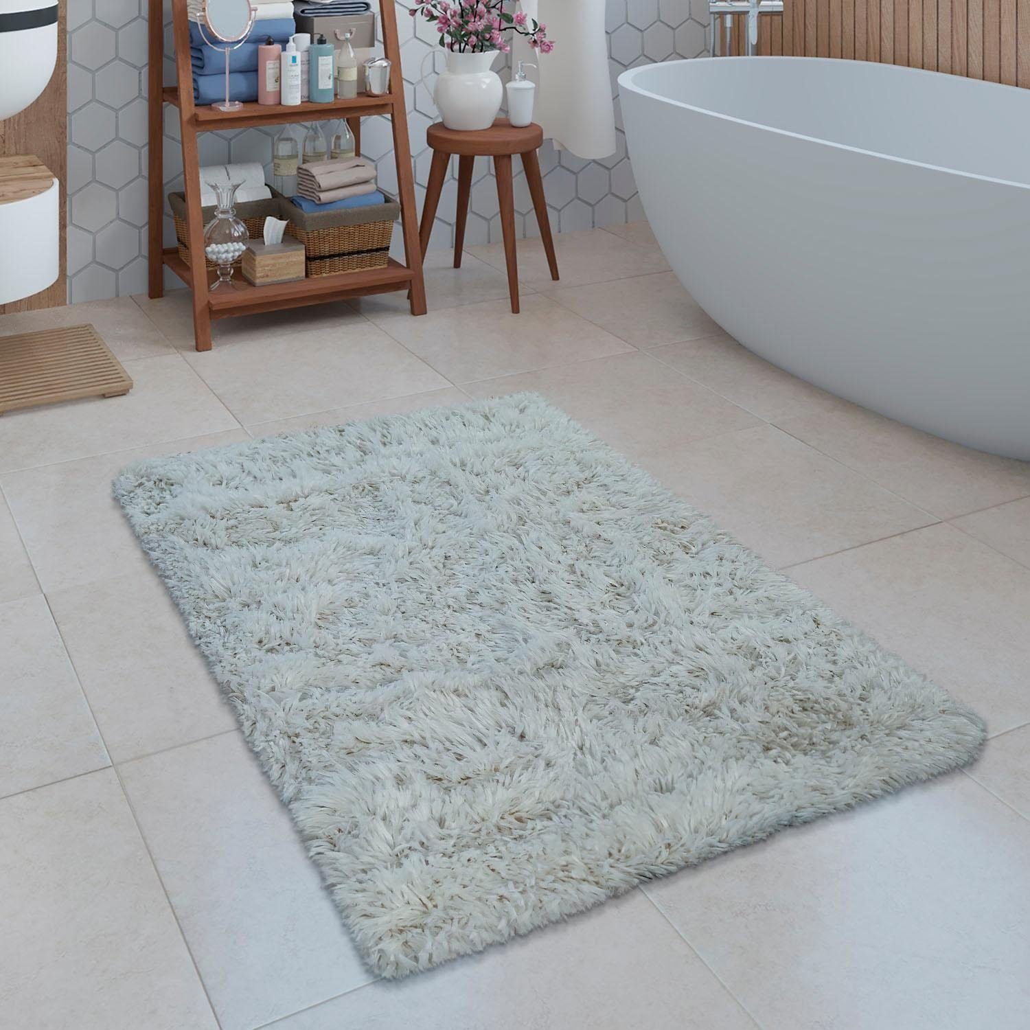 Badematte Kanda 360 Paco Home, Höhe 44 mm, rutschhemmend beschichtet, fußbodenheizungsgeeignet, Polyester, rechteckig, Badteppich, Uni Farben, weicher Hochflor, rechteckig & rund erhältlich creme