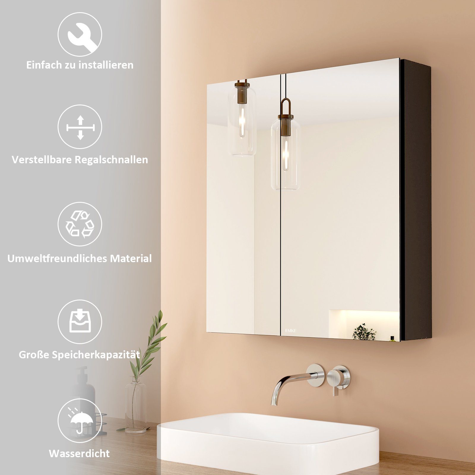 EMKE Spiegelschrank 60X65cm Badezimmer Spiegelschrank Trennwand schwarz Badschrank Doppelseitigem Spiegel Verstellbare mit