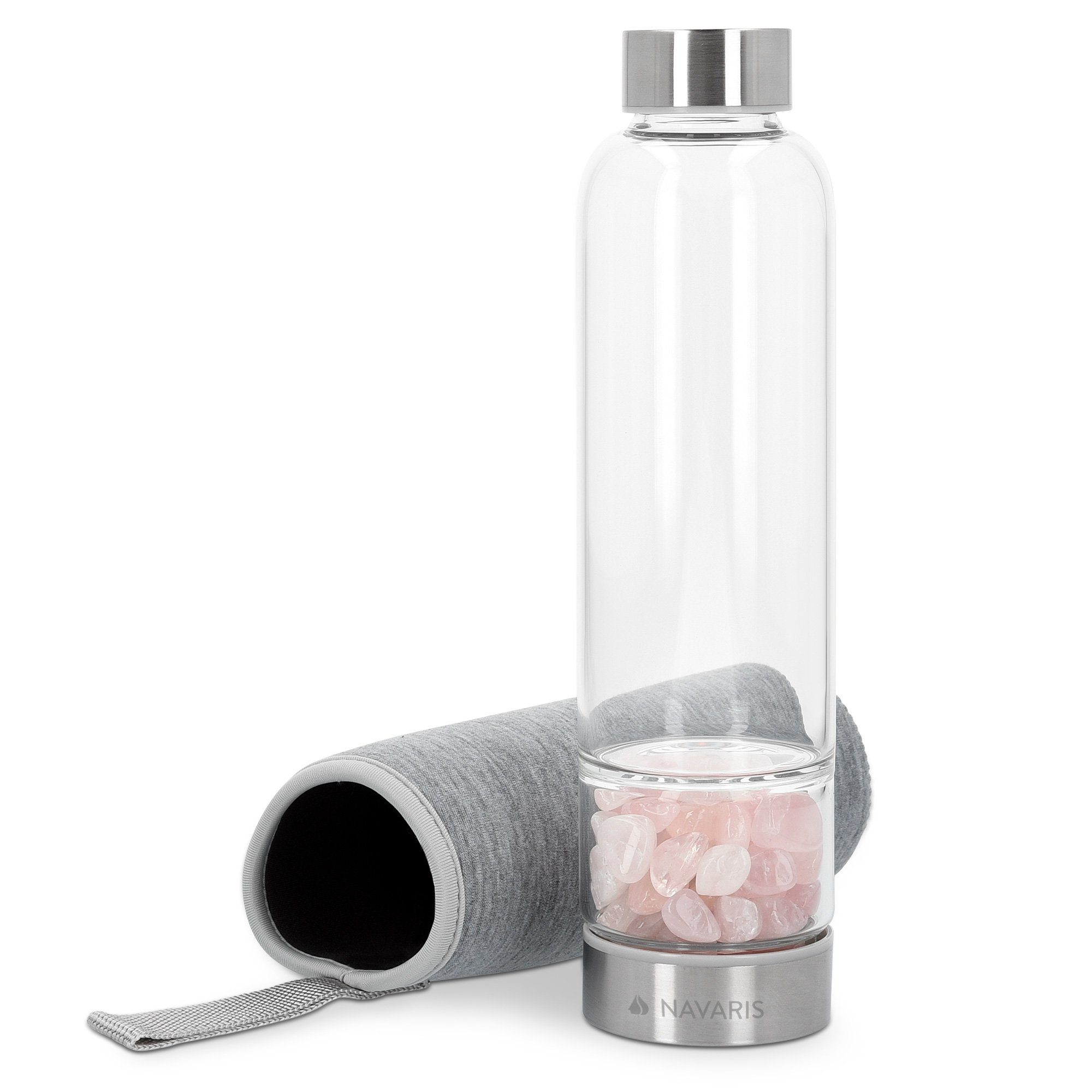 Navaris Trinkflasche Wasserflasche mit Rosenquarz und Neoprenhülle 420ml