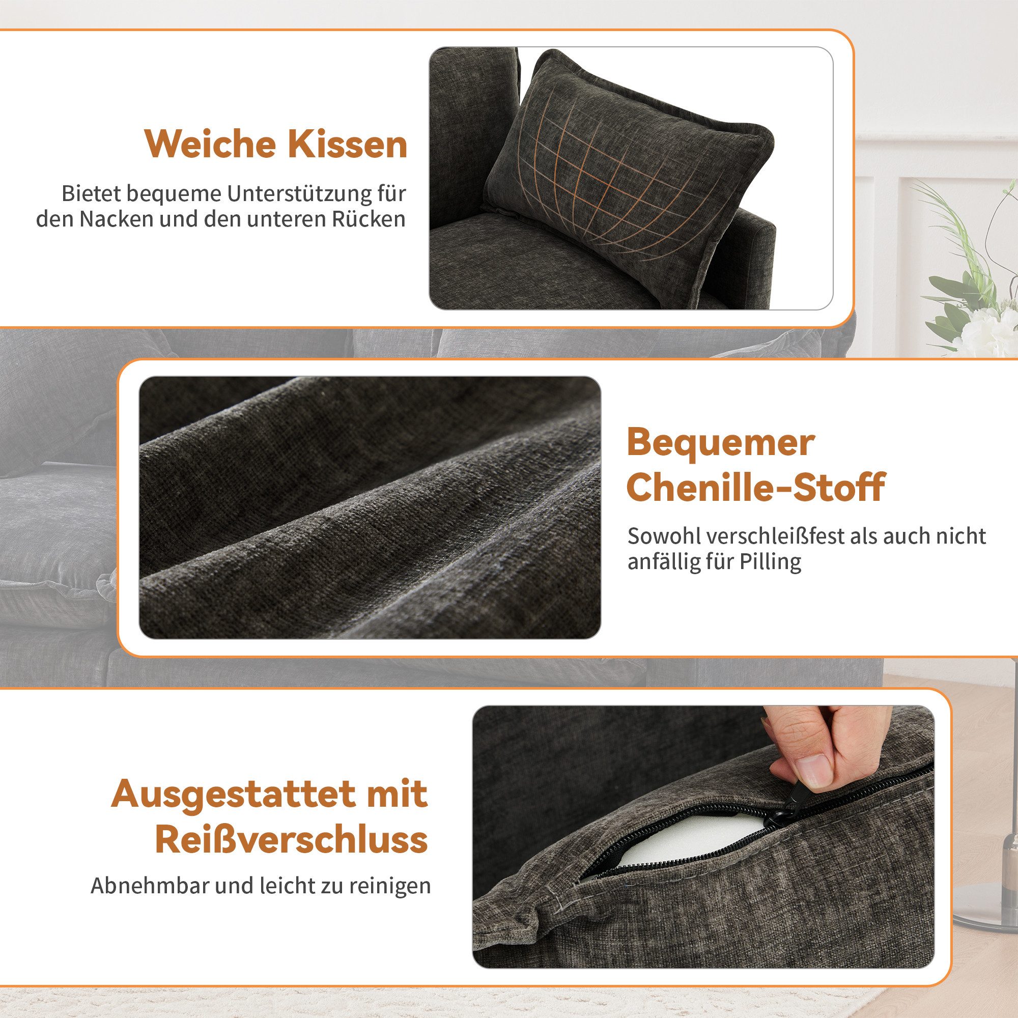Merax Sofa L-förmiges Ecksofa aus Chenille-Stoff, mit Relaxfunktion, Geeignet für 3-4 Personen, Loungesofa Sofagarnitur modulare Couch mit Fußhocker und Kissen
