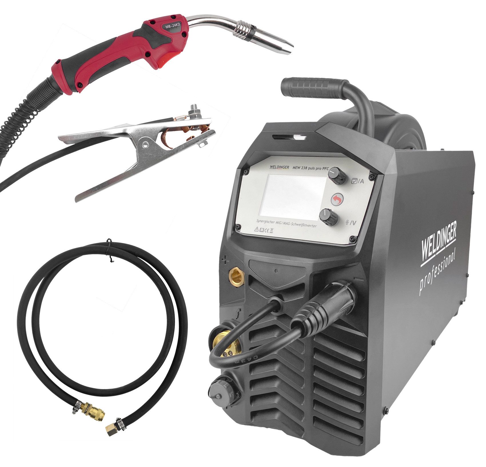 WELDINGER Schutzgasschweißgerät MIG/MAG-Schweißinverter MEW 238 puls pro PFC Puls Vierrollenantrieb, 30 - 225 A, 6-tlg., temperaturgesteuerte Lüfterkühlung, externes Schweißdrahtrollenfach