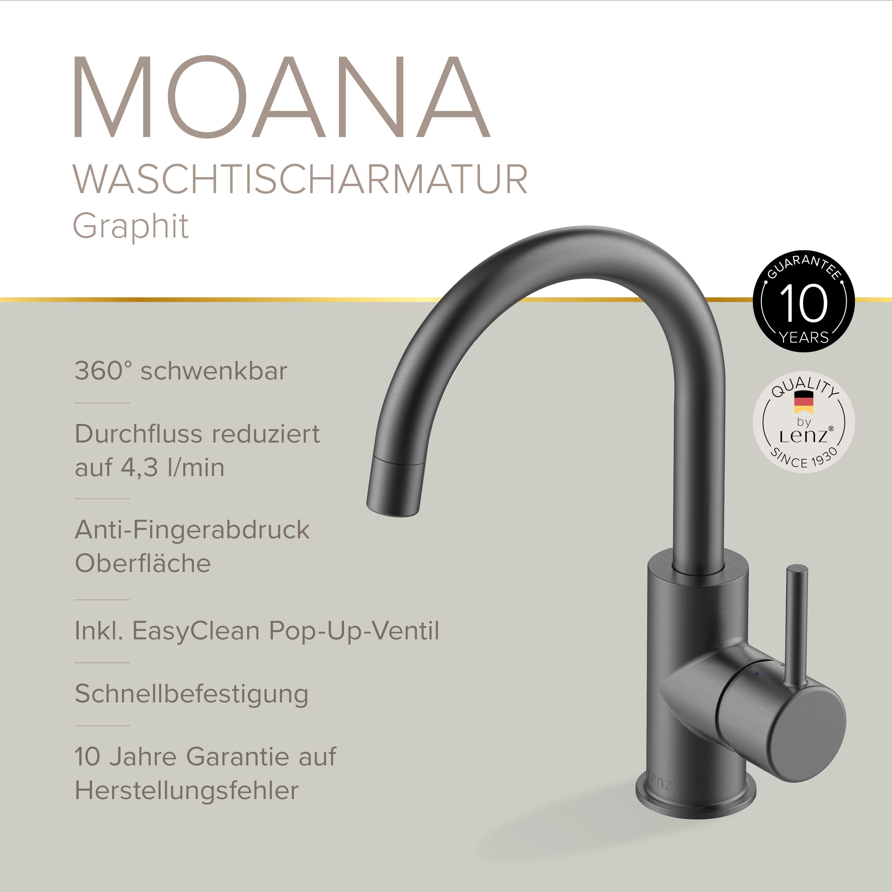 Lenz Waschtischarmatur MOANA Badarmatur mit Pop-Up-Ventil (Armatur mit Pop-Up-Ventil) Anti-Fingerabdruck Oberfläche, Easy Clean Pop-Up Ventil, Graphit – Bild 3 von 5