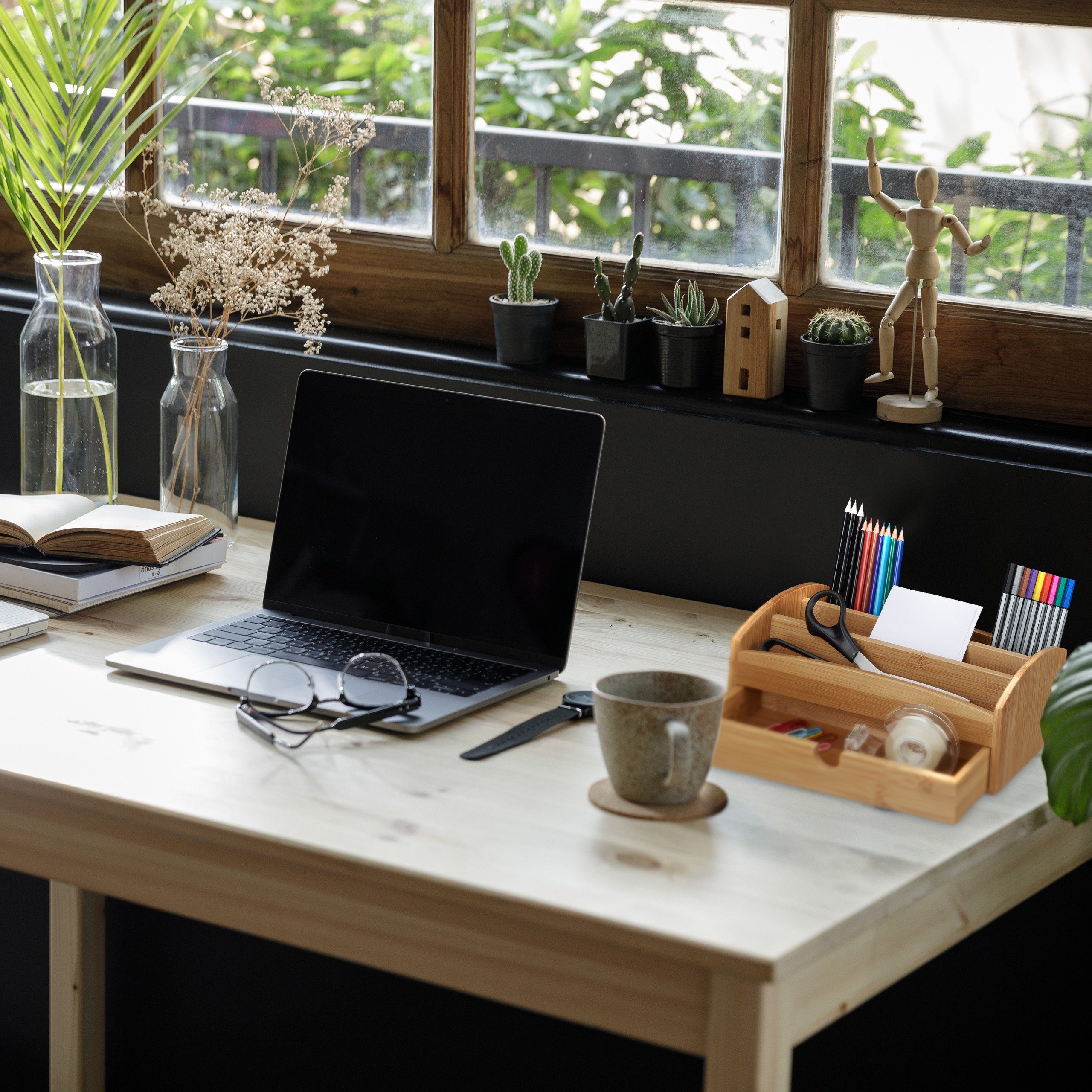relaxdays Schreibtischaufsatz Schublade Schreibtischorganizer Bambus