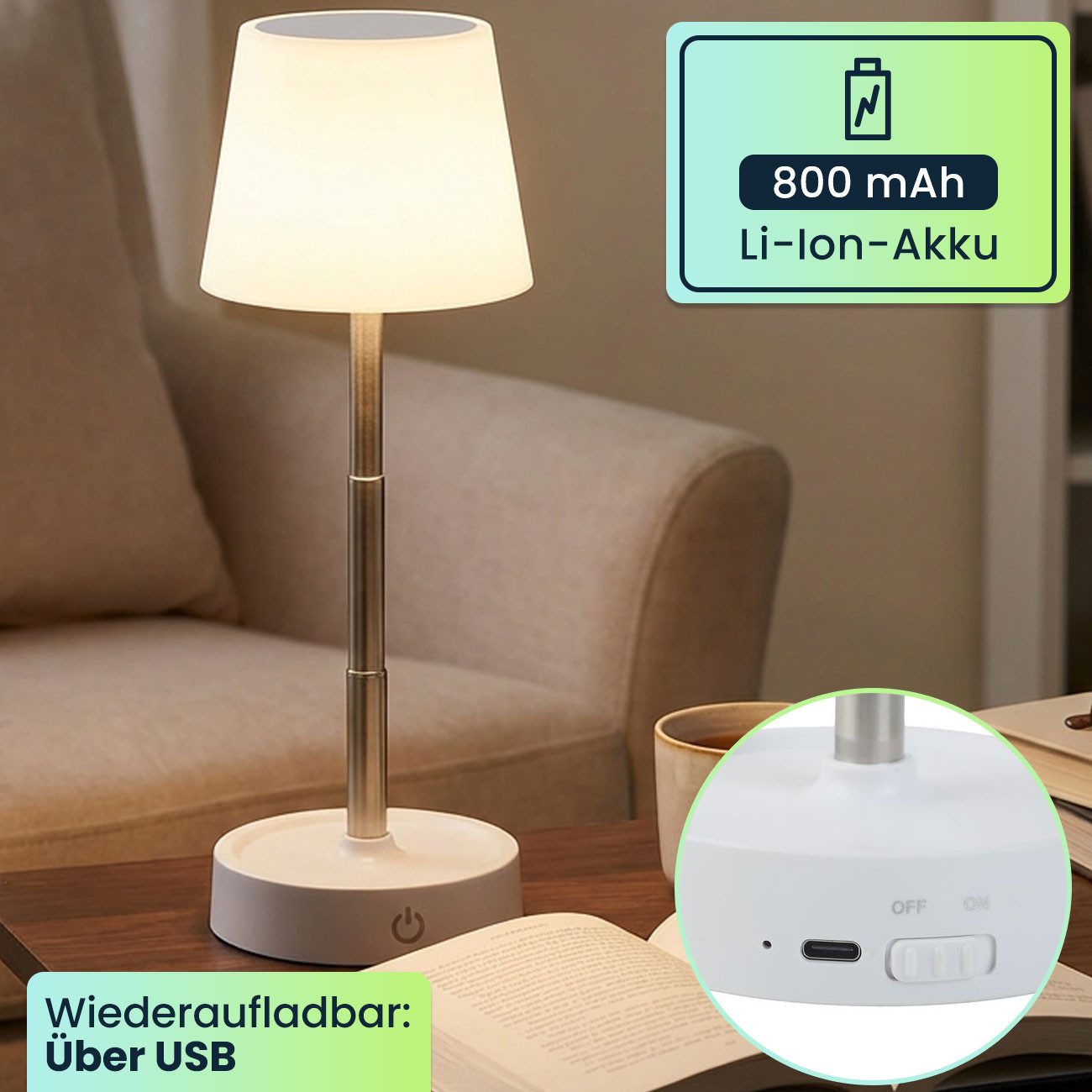 shop'n smile ideoon LED Tischleuchte LED Tischleuchte dimmbar & aufladbar: Akku-Lampe Edelstahl, LED, Helligkeit: 118 Lumen – Bild 2 von 5