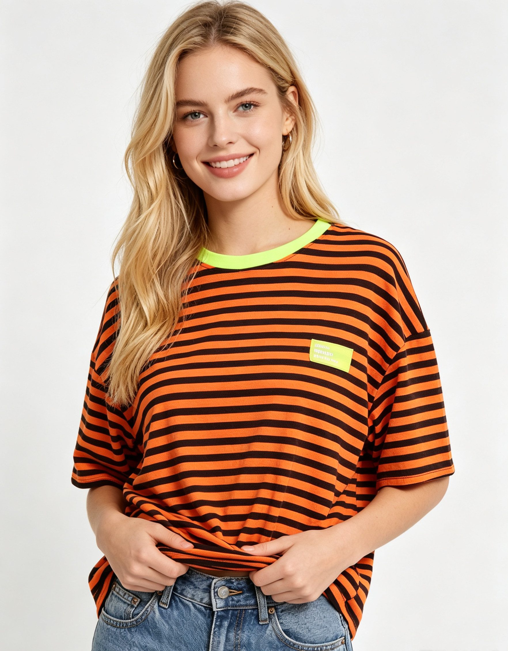 MIRROSI Sweatshirt Damen Kurzarm T Shirt Oversize Neonfarben Streifenmuster Ringelshirt, One Size Passform (ca. Gr. 34–40); Made in Italy