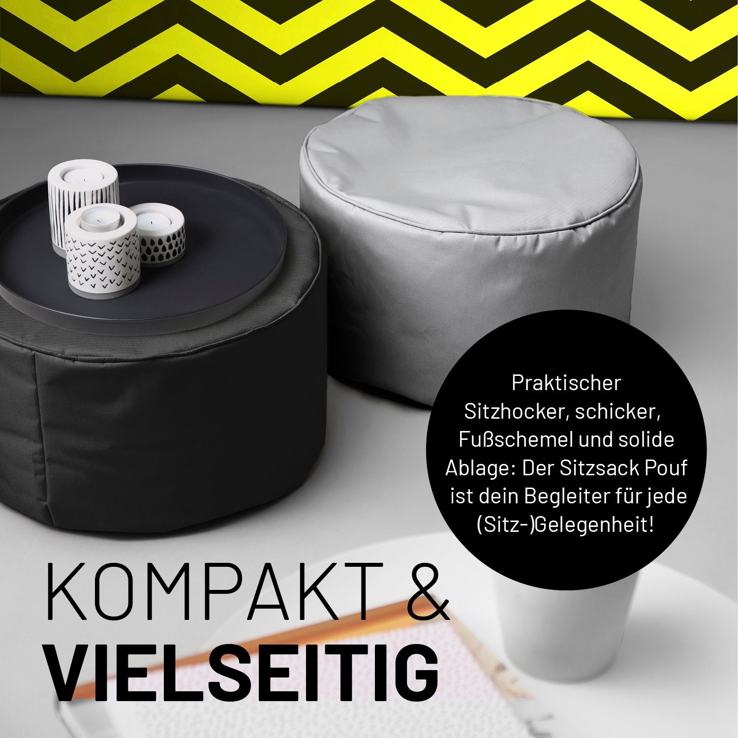 & Fußsack Garantie schwarz & Outdoor, Tisch, Pouf Sitzsack kompakt 25x45cm in- Jahre Hocker, 5 Lumaland 50L