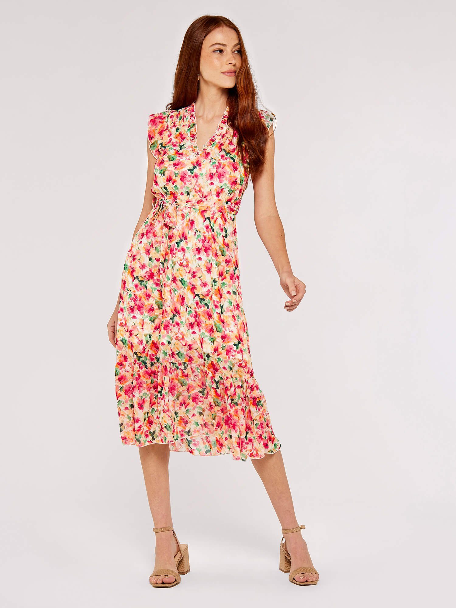 Apricot Druckkleid Brushstroke Bloom V-Neck Midi günstig online kaufen