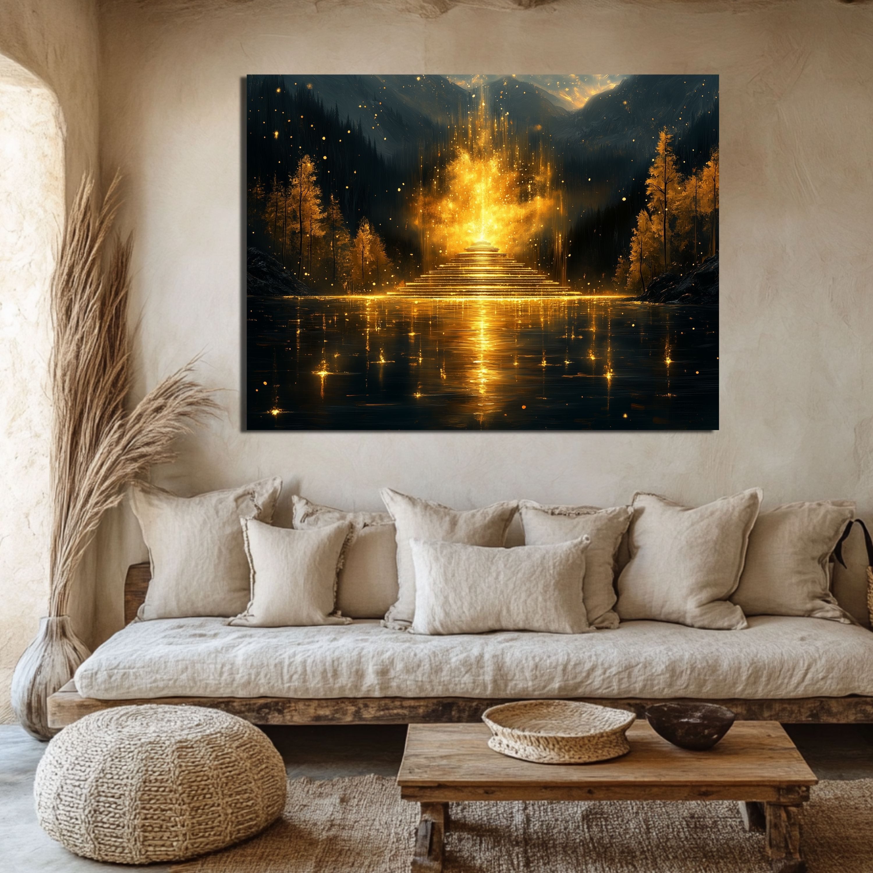 DARO Design Leinwandbild Modern Abstrakt Wandbilder XXL Wandbild Wand Deko Leinwand Bilder, (goldener Altar - Bild groß Wohnzimmer Schlafzimmer Küche Esszimmer Einteilig Querformat Fotodruck Leinwände Wanddeko Abstrakte Kunst Boho), 40x30cm